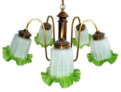 French Art Deco Chandelier in Brass, Copper & Frosted Green Glass 5-Light Shades