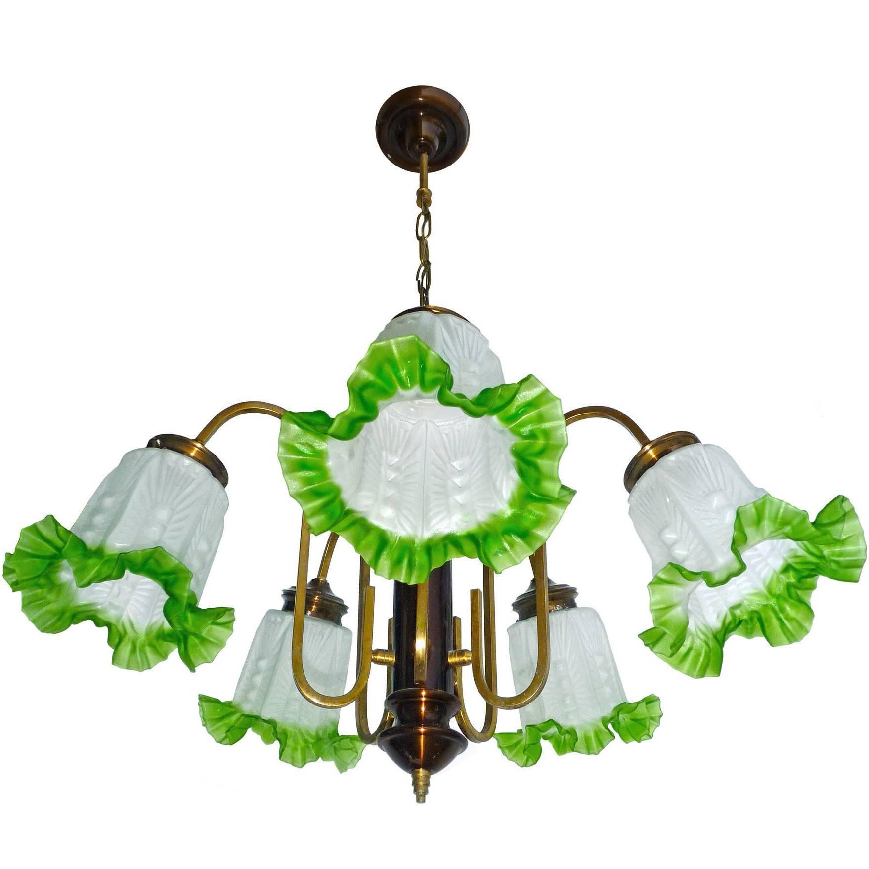 Hollywood Regency French Art Deco Chandelier in Brass, Copper & Frosted Green Glass 5-Light Shades For Sale