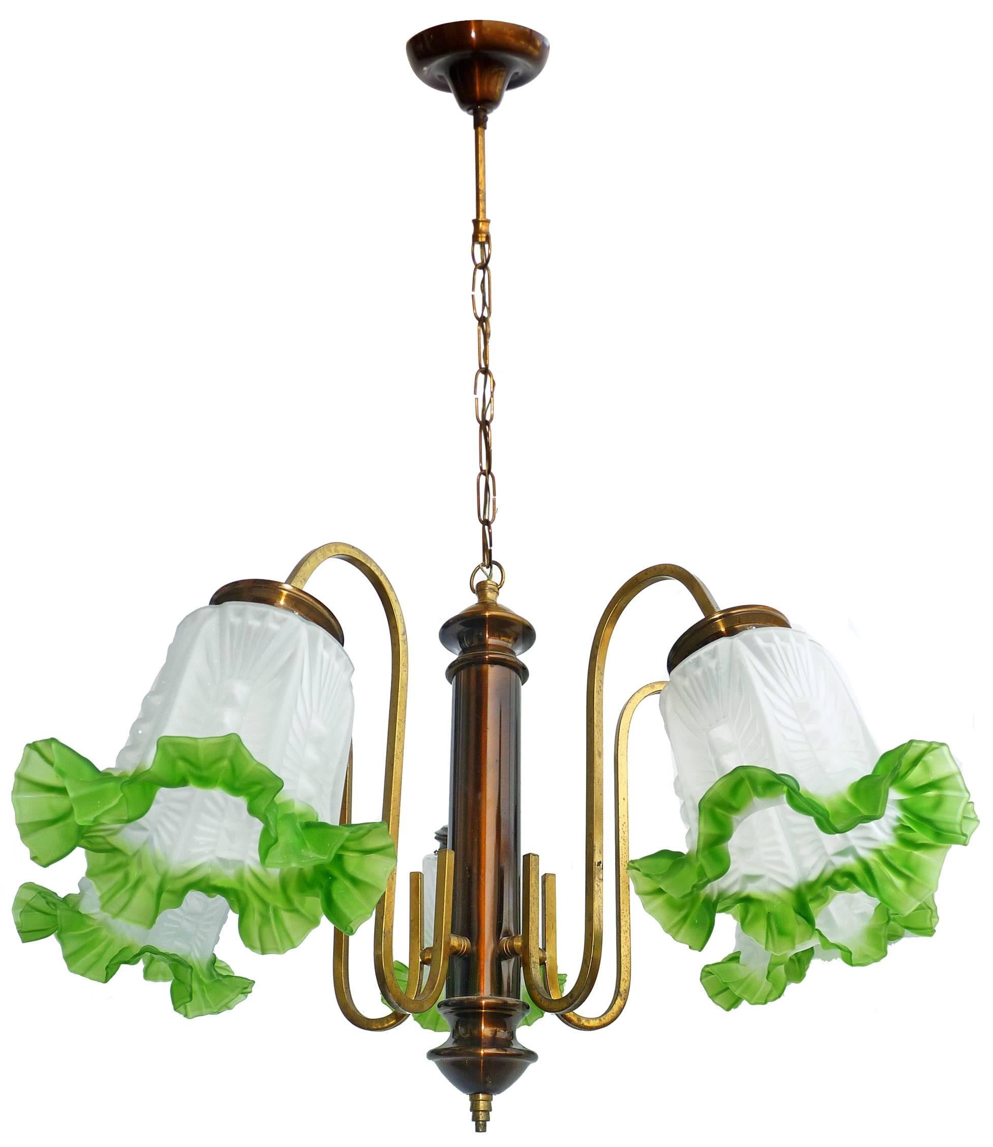 Anodized French Art Deco Chandelier in Brass, Copper & Frosted Green Glass 5-Light Shades For Sale