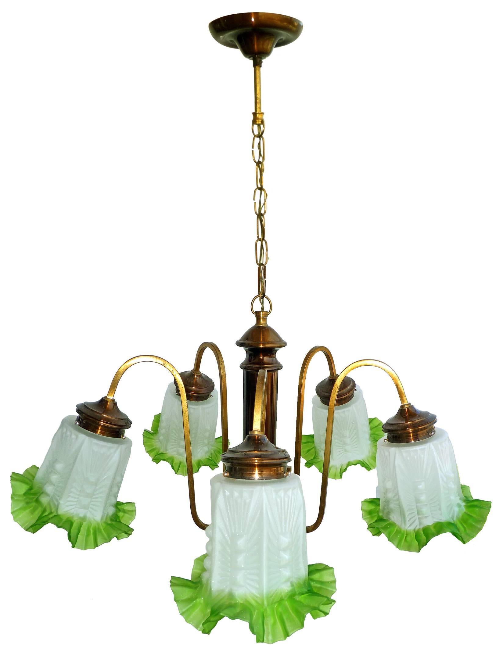 French Art Deco Chandelier in Brass, Copper & Frosted Green Glass 5-Light Shades In Good Condition For Sale In Coimbra, PT
