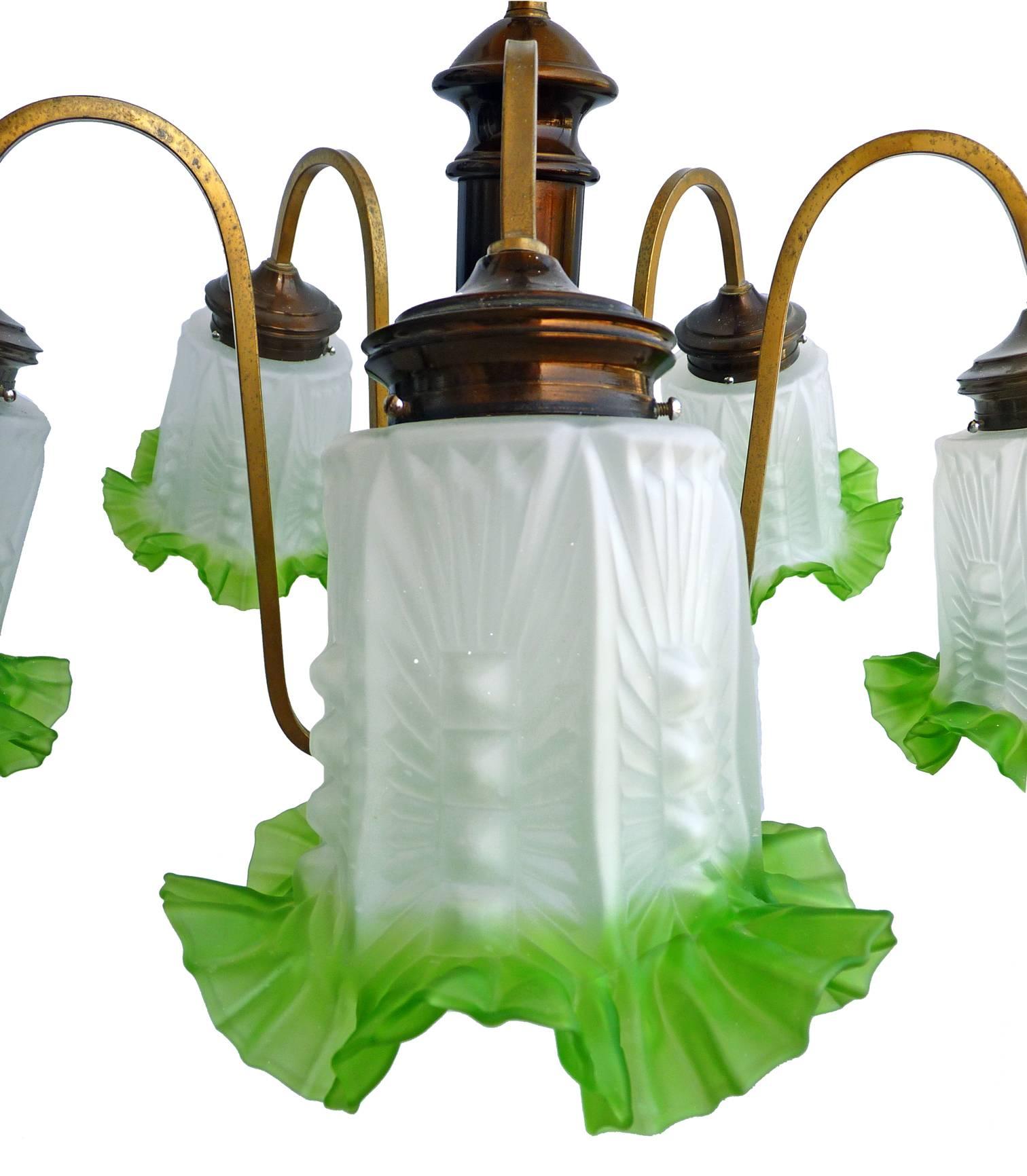 20th Century French Art Deco Chandelier in Brass, Copper & Frosted Green Glass 5-Light Shades For Sale