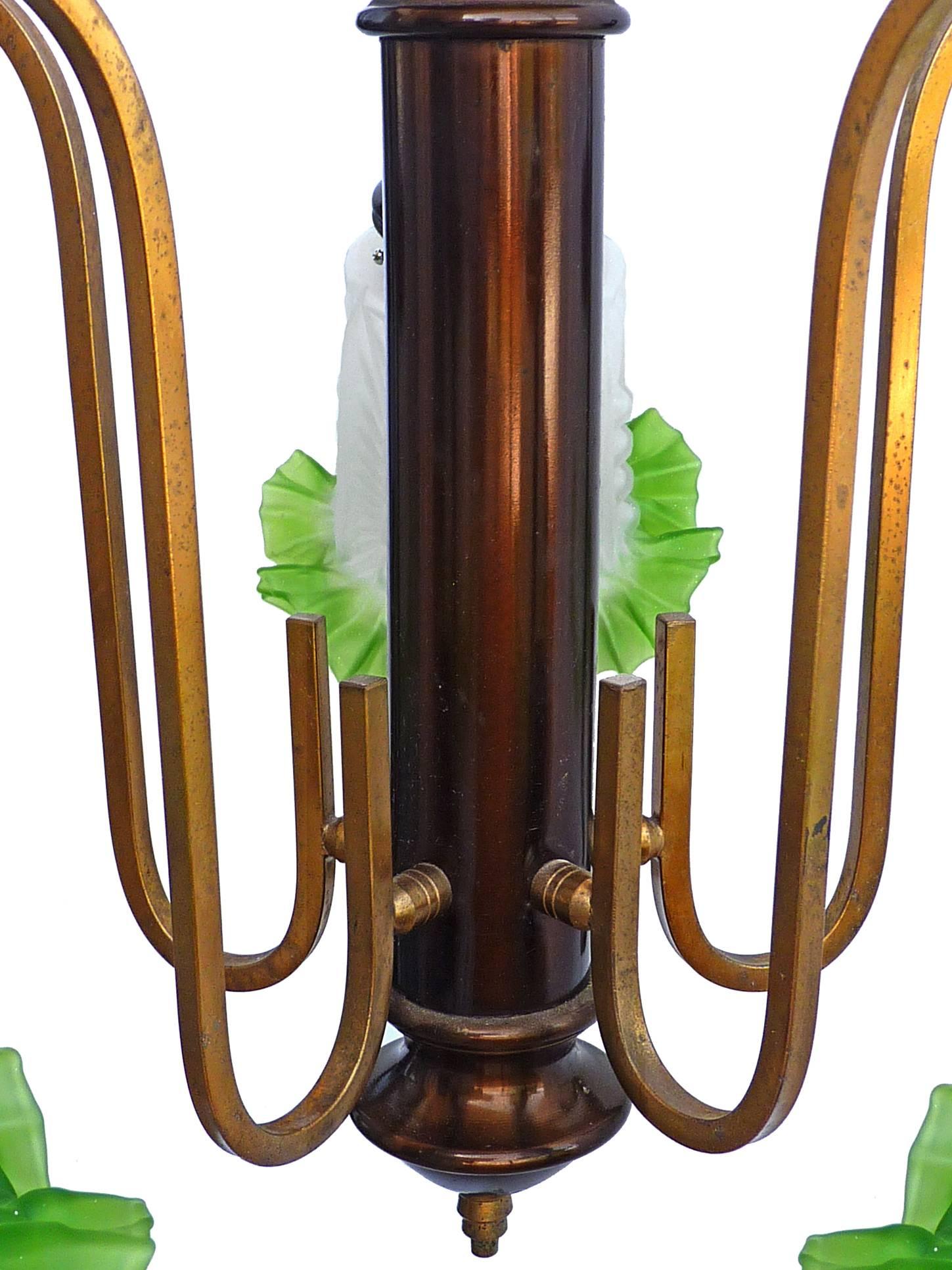 French Art Deco Chandelier in Brass, Copper & Frosted Green Glass 5-Light Shades For Sale 1