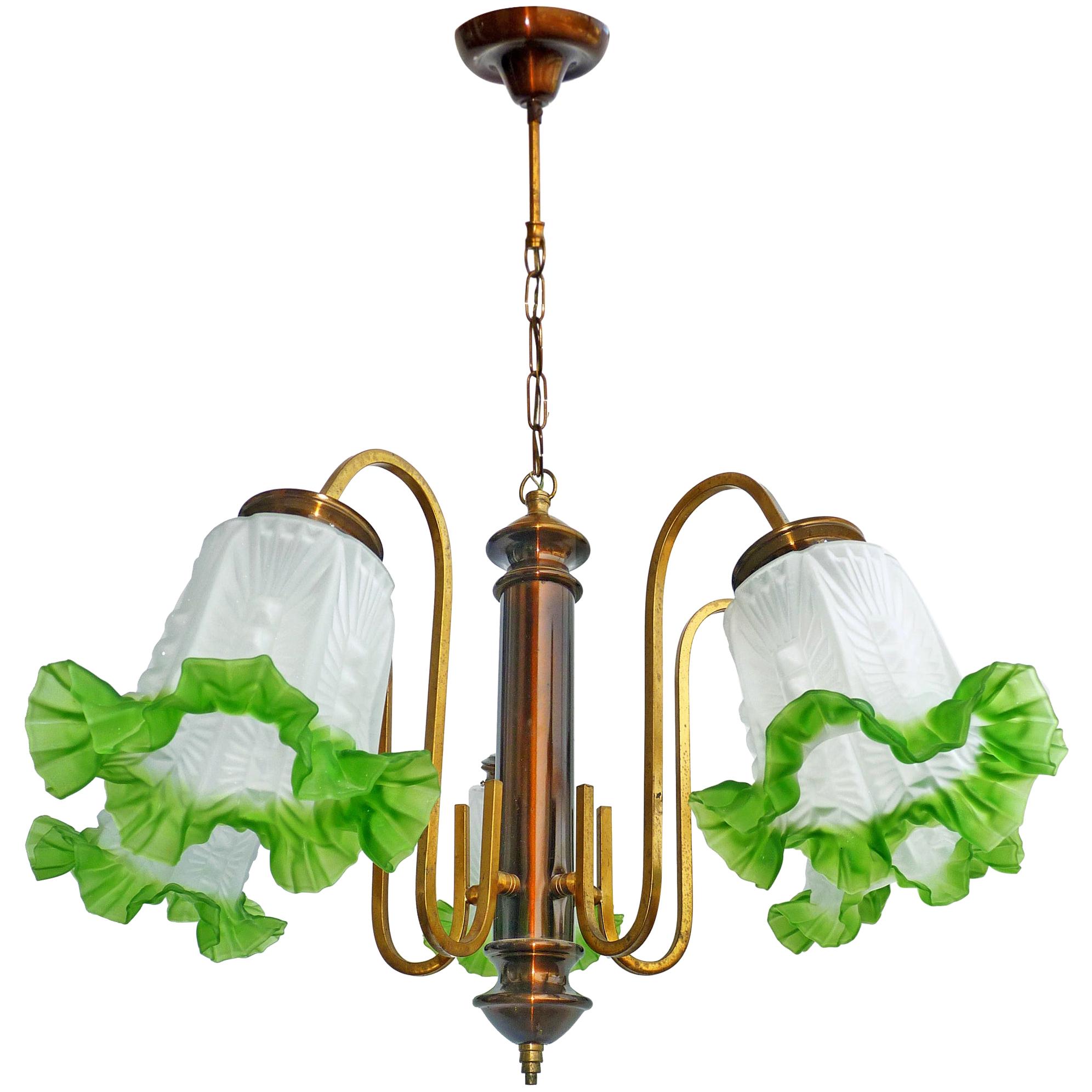 French Art Deco Chandelier in Brass, Copper & Frosted Green Glass 5-Light Shades