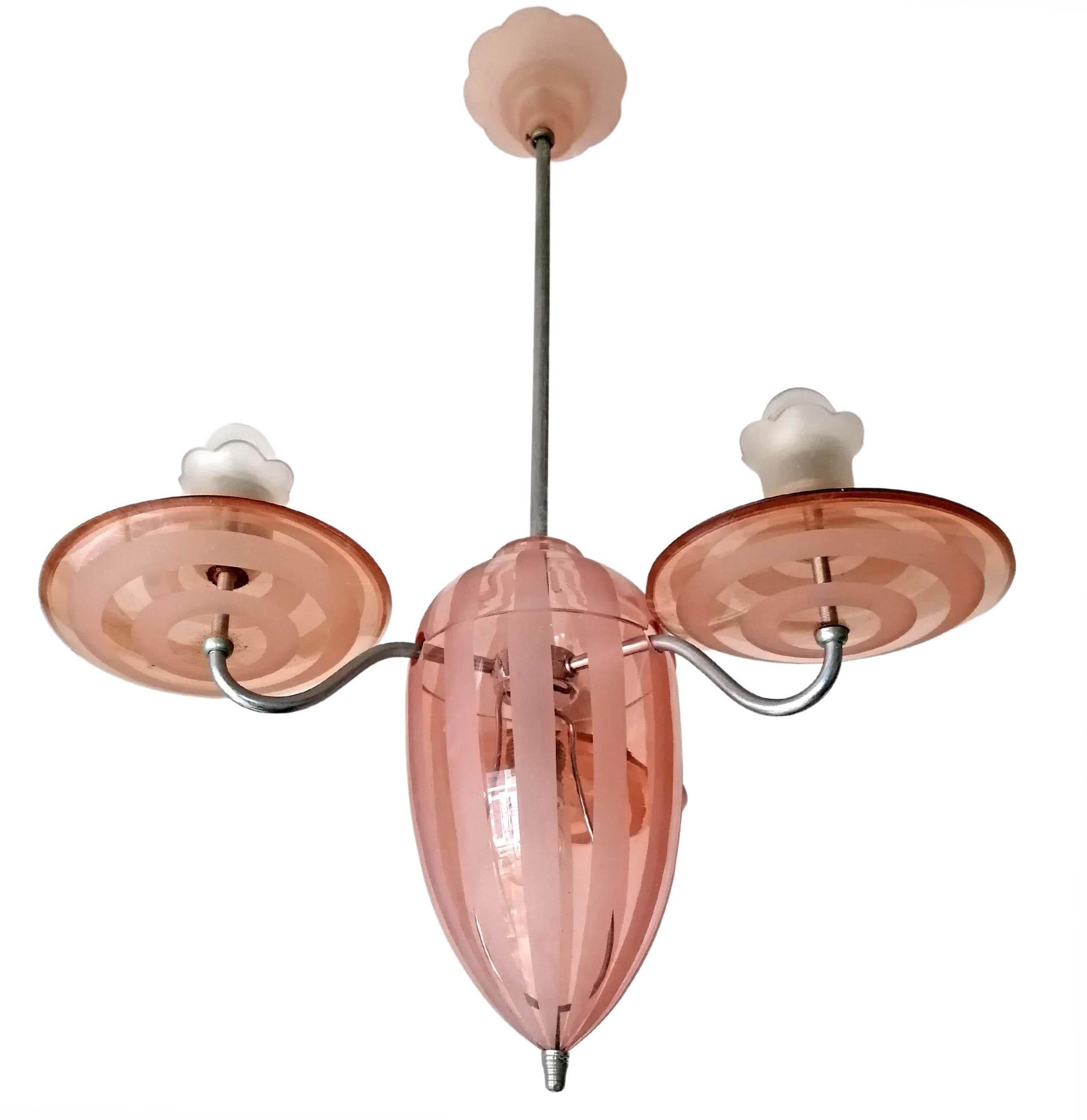 Art Nouveau French Art Deco Chandelier in Pink Etched Glass Stripes and Chrome Brass C1920 For Sale