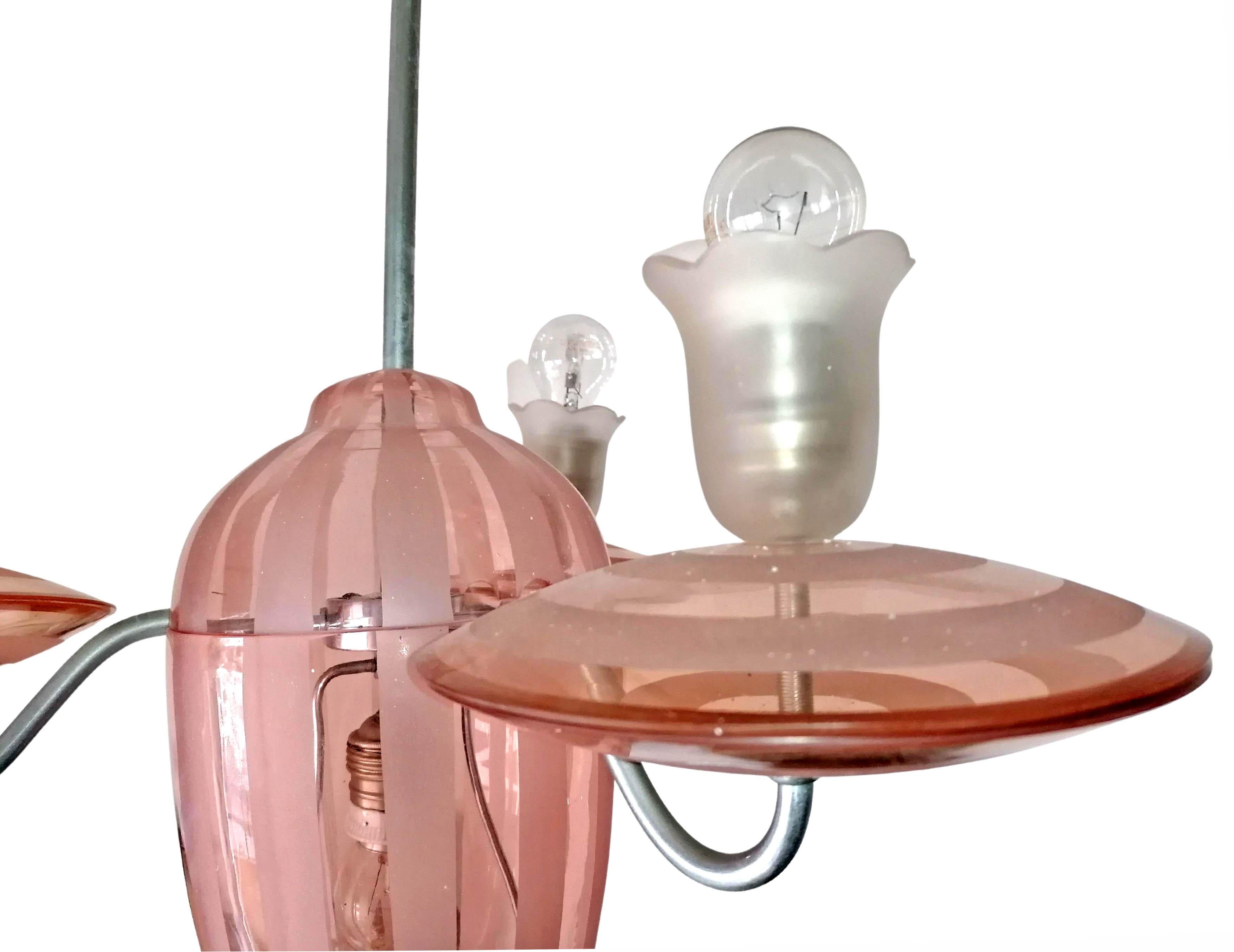 French Art Deco Chandelier in Pink Etched Glass Stripes and Chrome Brass C1920 For Sale 1