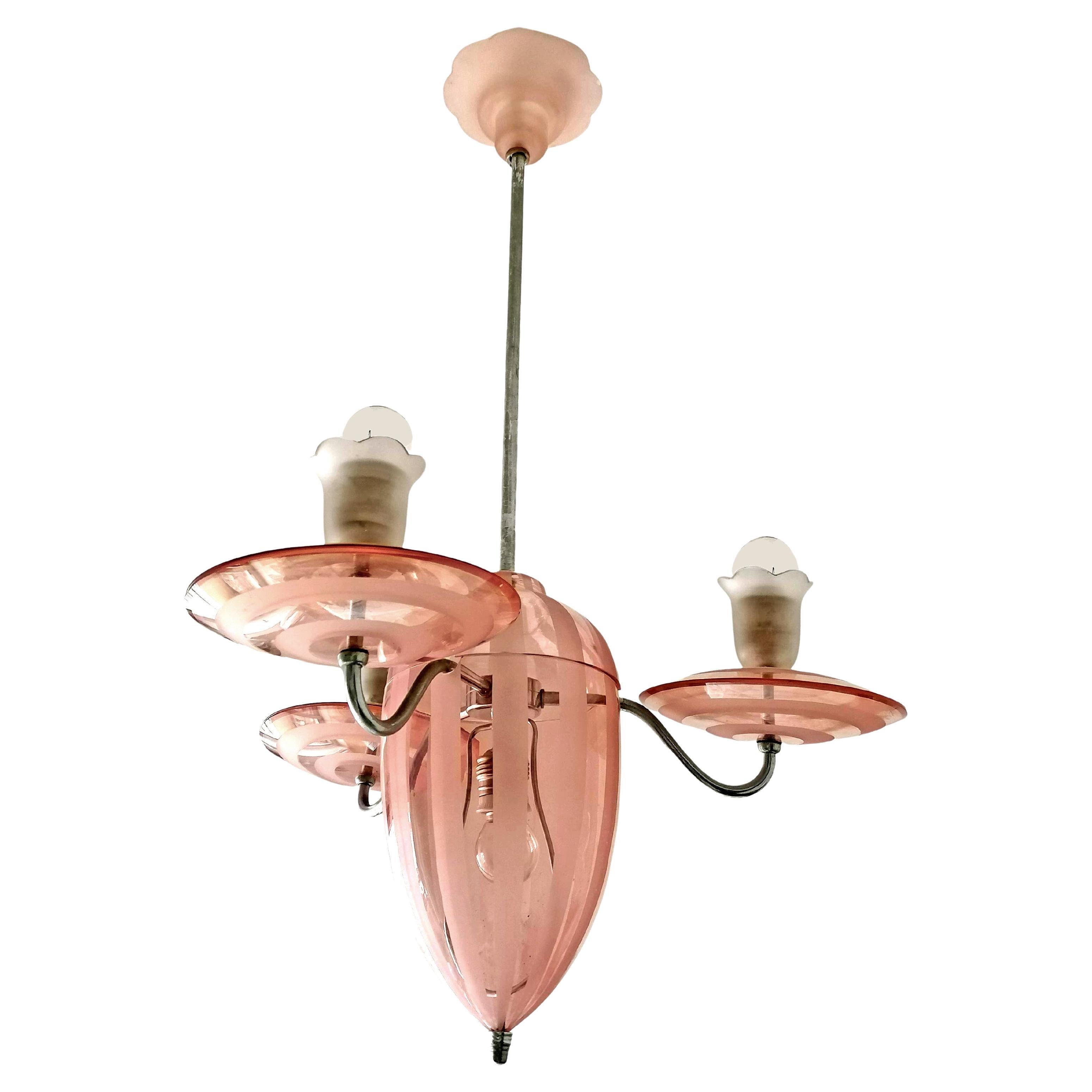 French Art Deco Chandelier in Pink Etched Glass Stripes and Chrome Brass C1920 For Sale