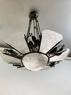 French Art Deco Chandelier in Wrought Iron and Press Molded Glass, Circa 1930's