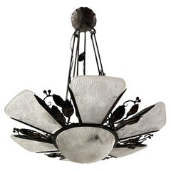 French Art Deco Chandelier in Wrought Iron and Press Molded Glass, Circa 1930's