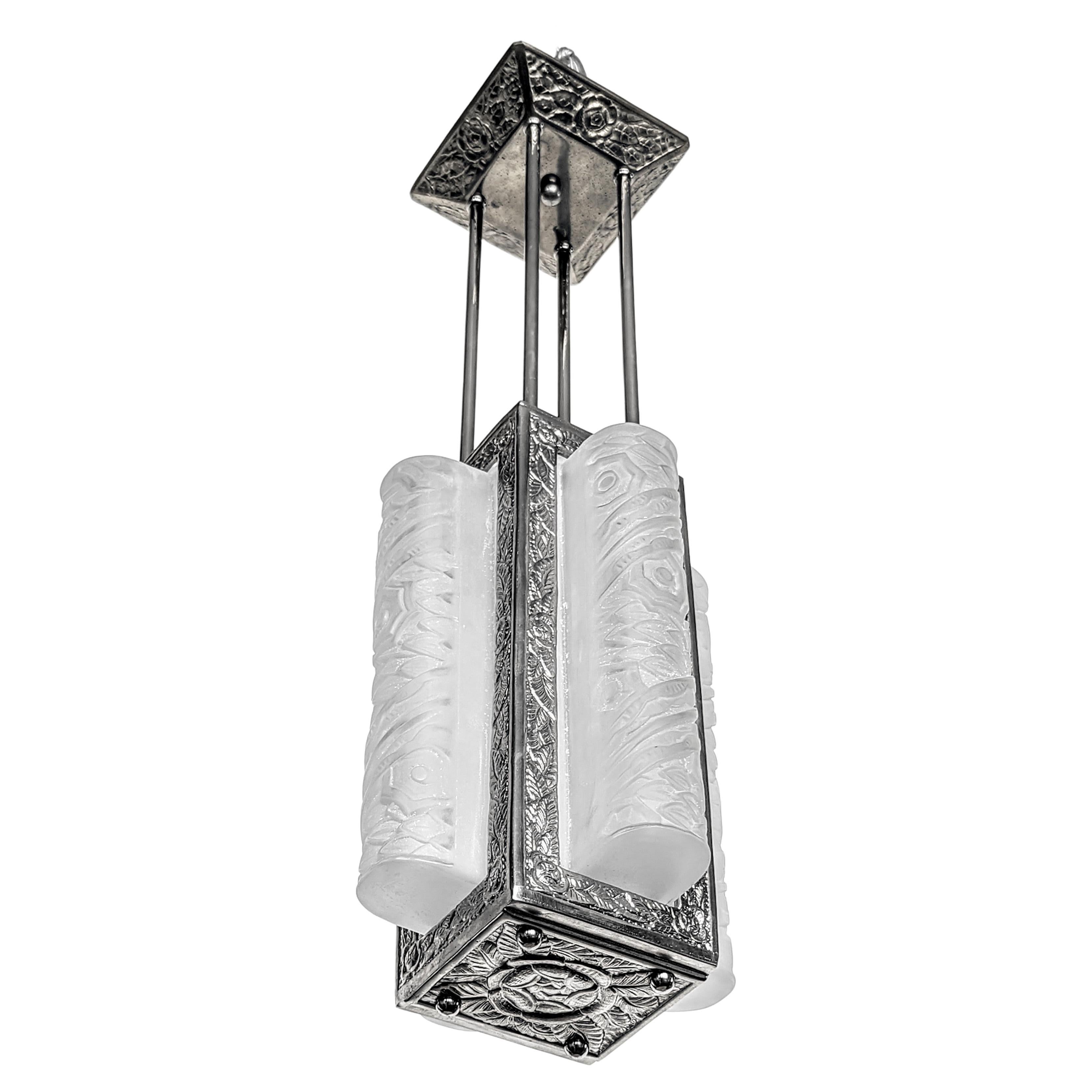 French Art Deco Chandelier, Lantern by Schneider For Sale