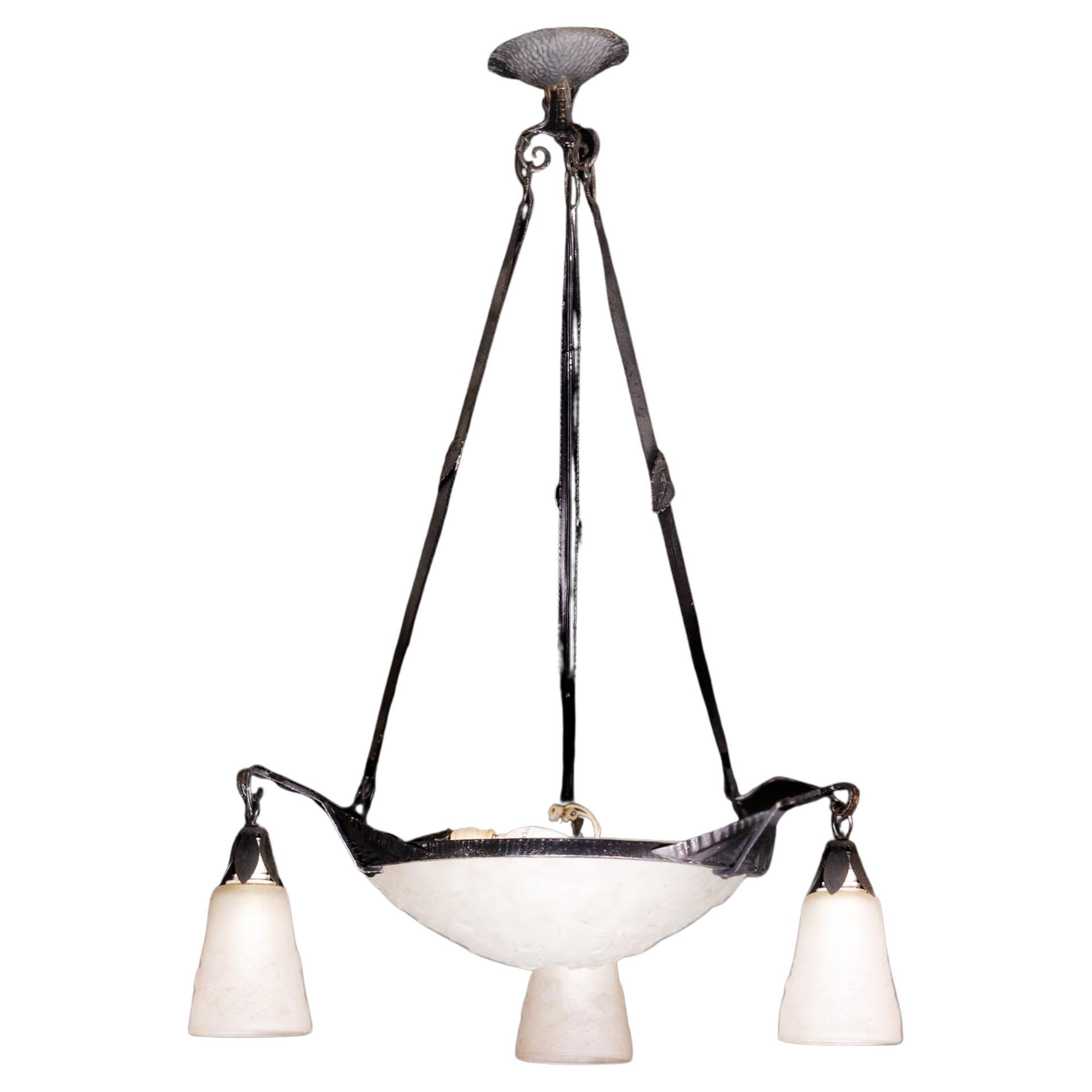French Art Deco Chandelier, Muller Frères, Frosted Glass, 1920