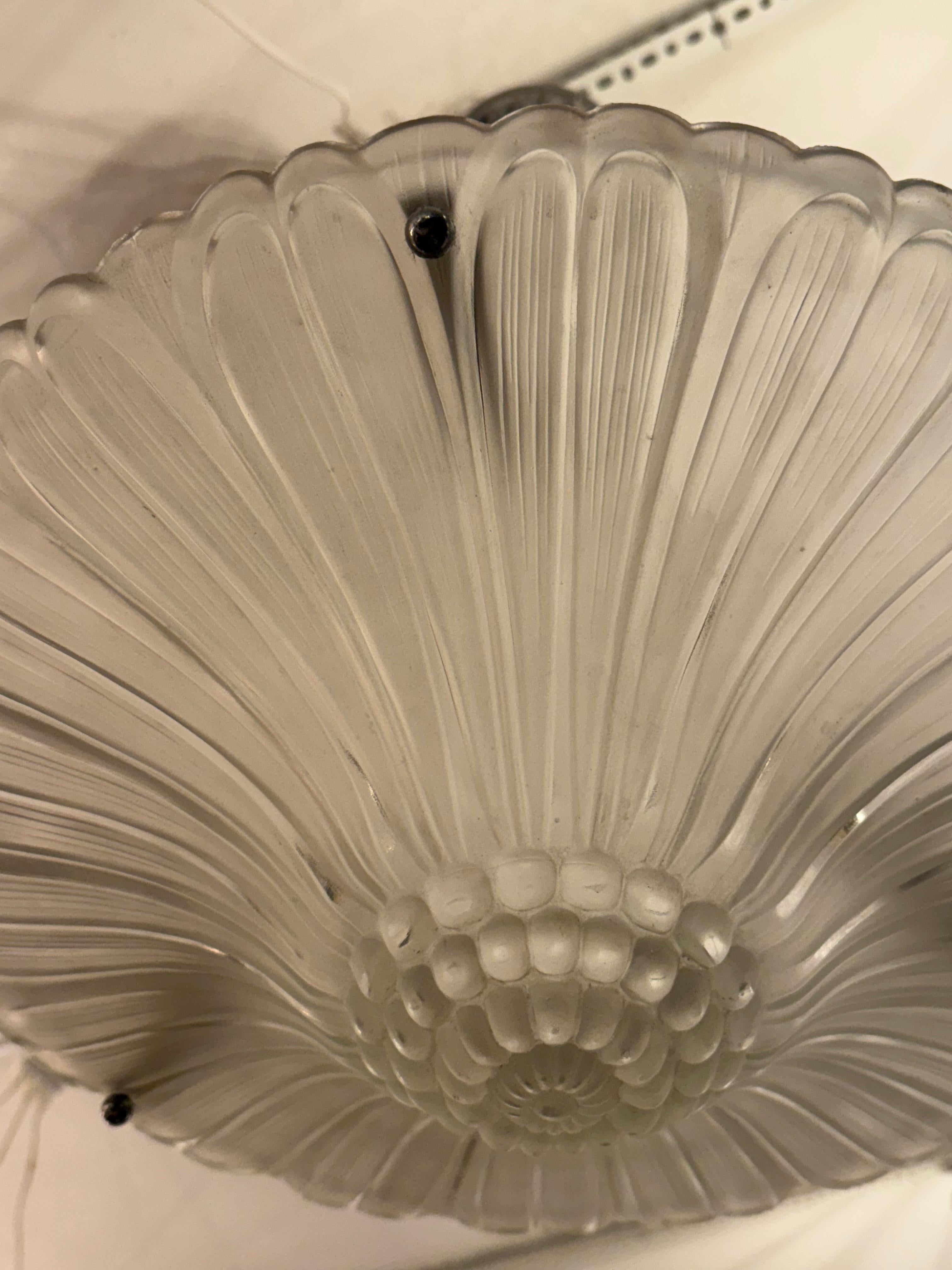 Glass French Art Deco Chandelier Pendant by G Leleu For Sale