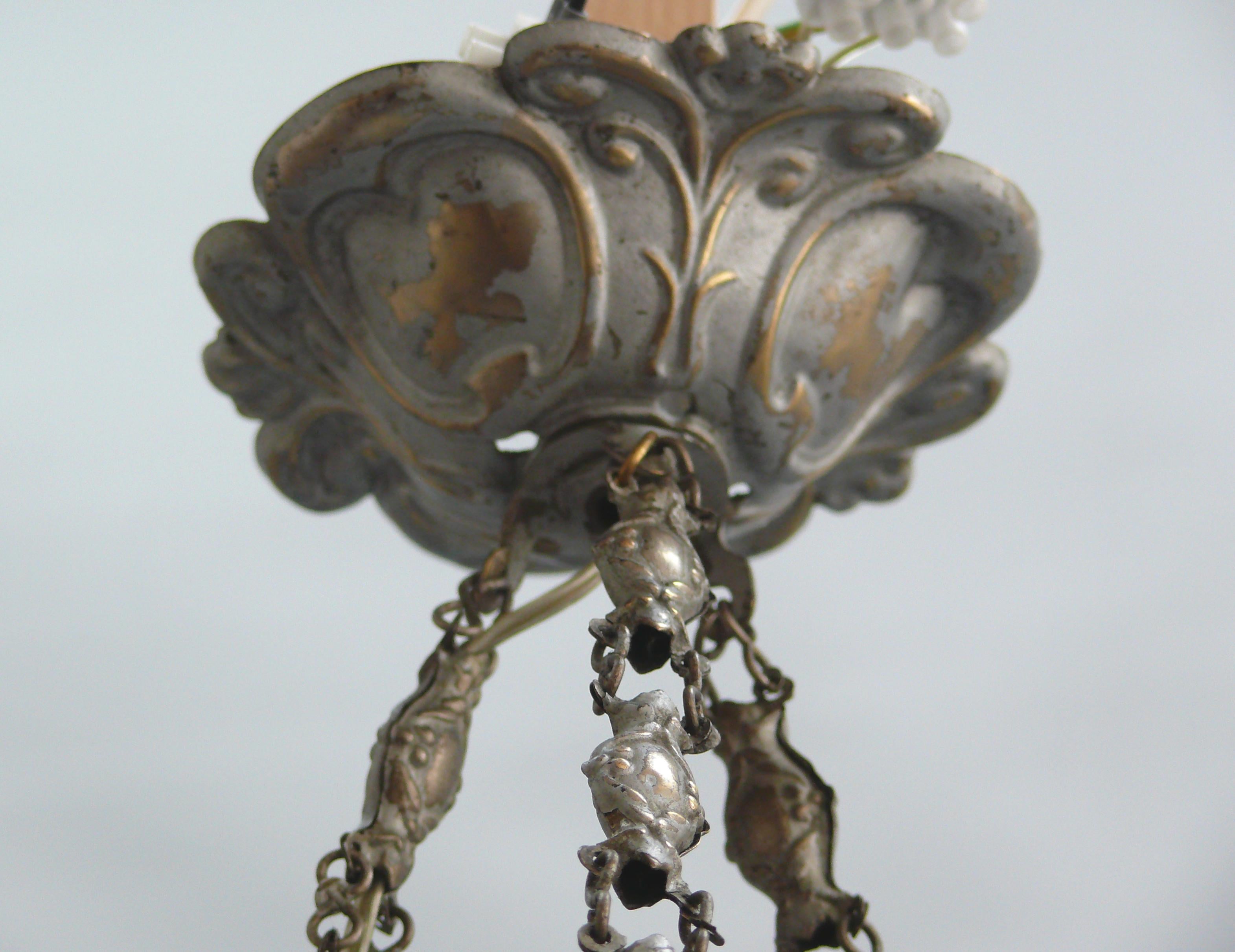 Brass French Art Déco Chandelier, Pendant Light, Muller Frères Luneville, 1920s For Sale