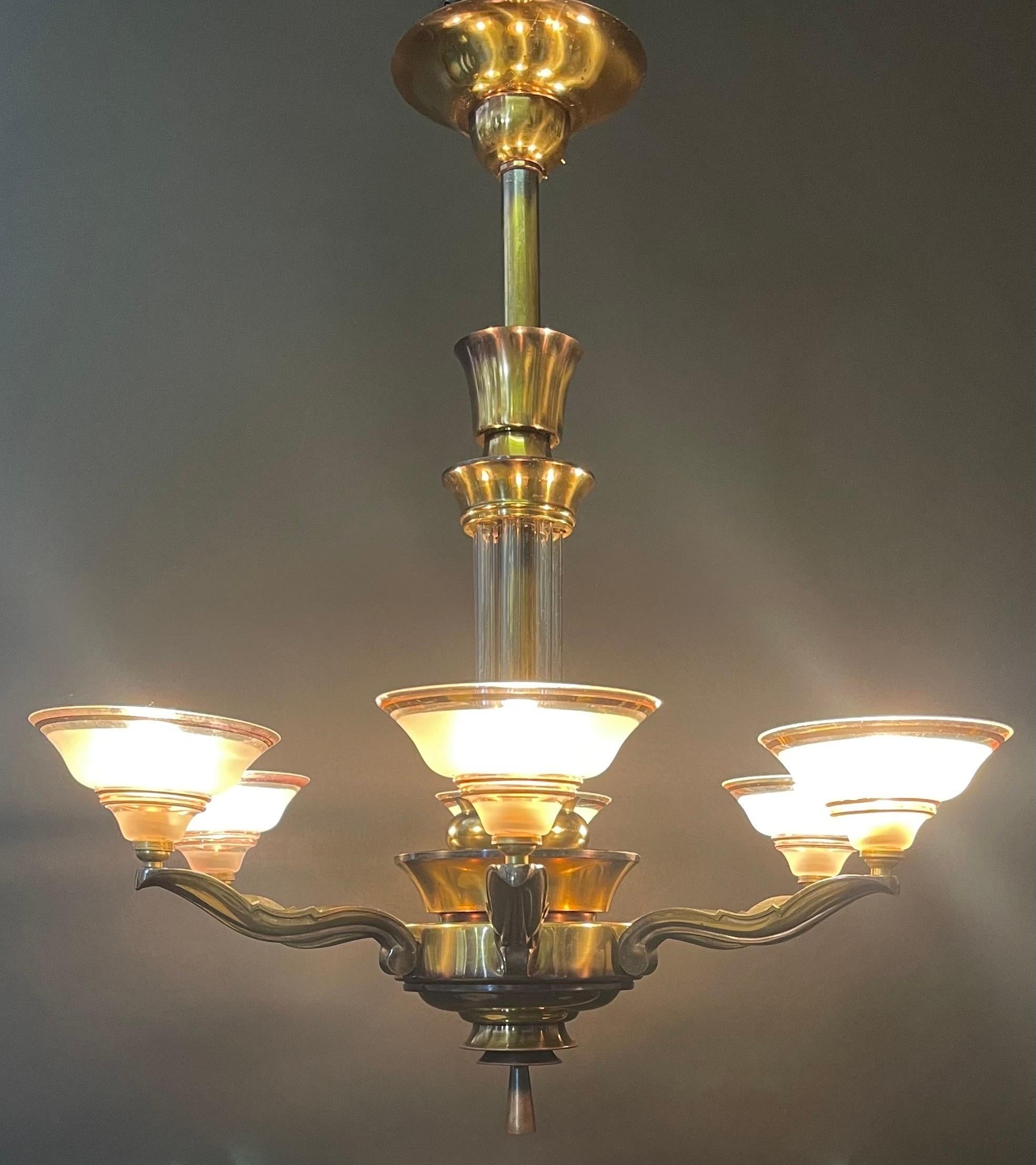 French Art Deco Chandelier Petitot Style Bronze, circa 1930s For Sale 6