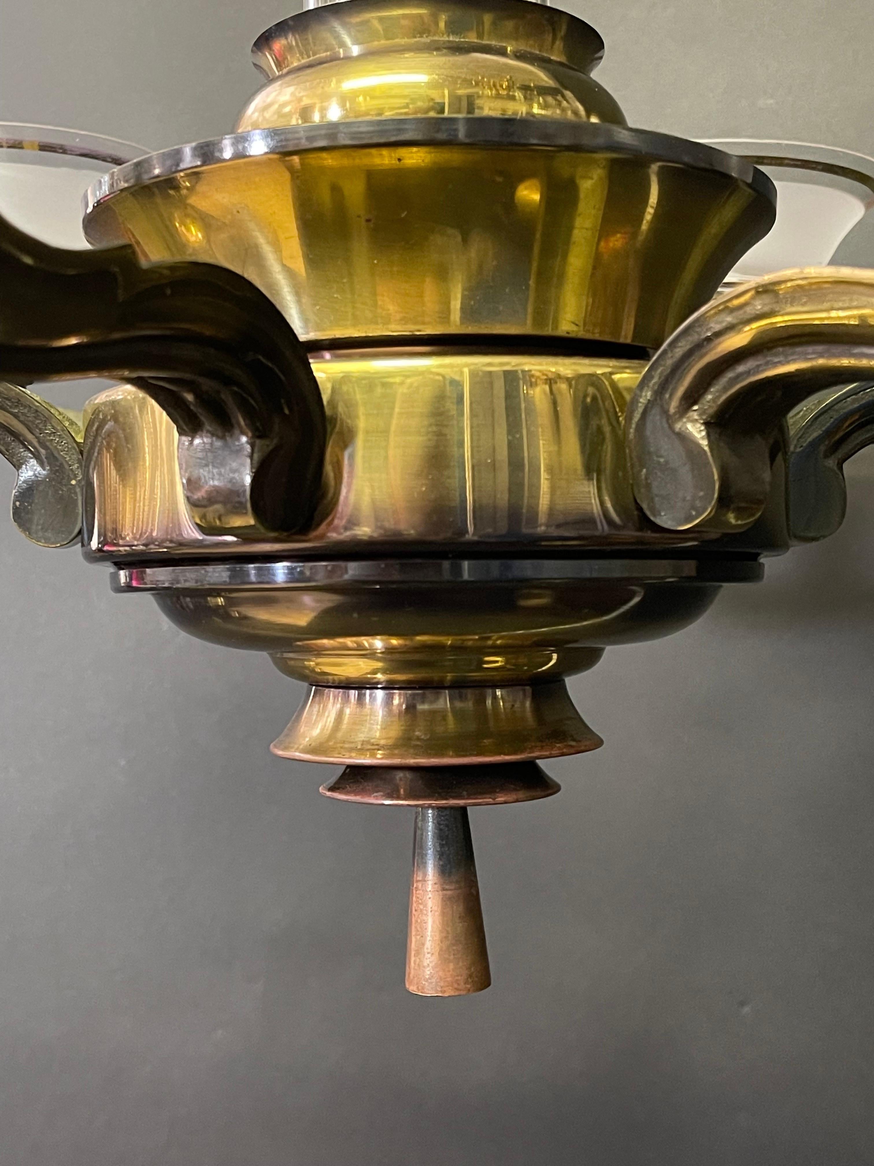 French Art Deco Chandelier Petitot Style Bronze, circa 1930s For Sale 1