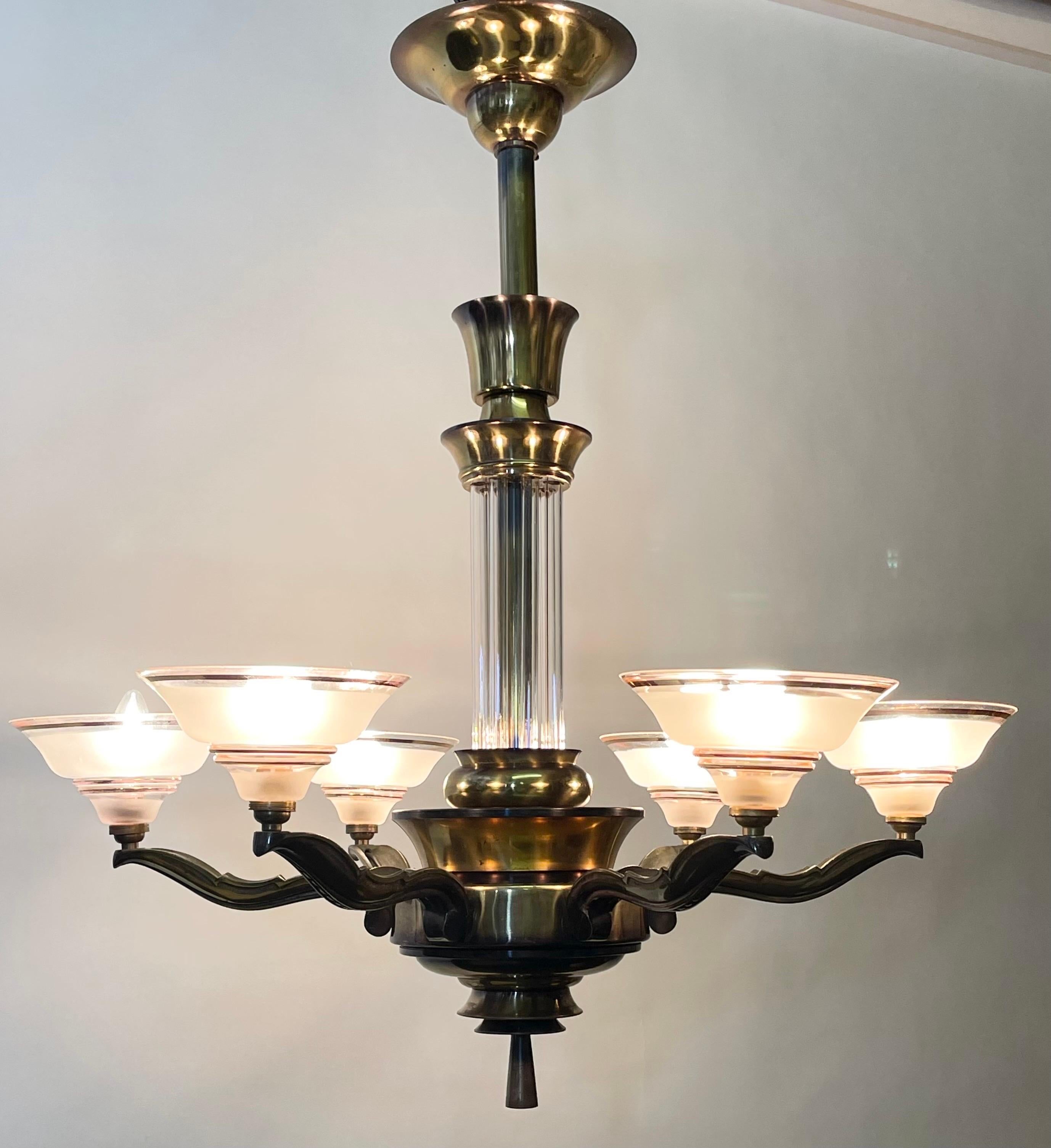 French Art Deco Chandelier Petitot Style Bronze, circa 1930s For Sale 5