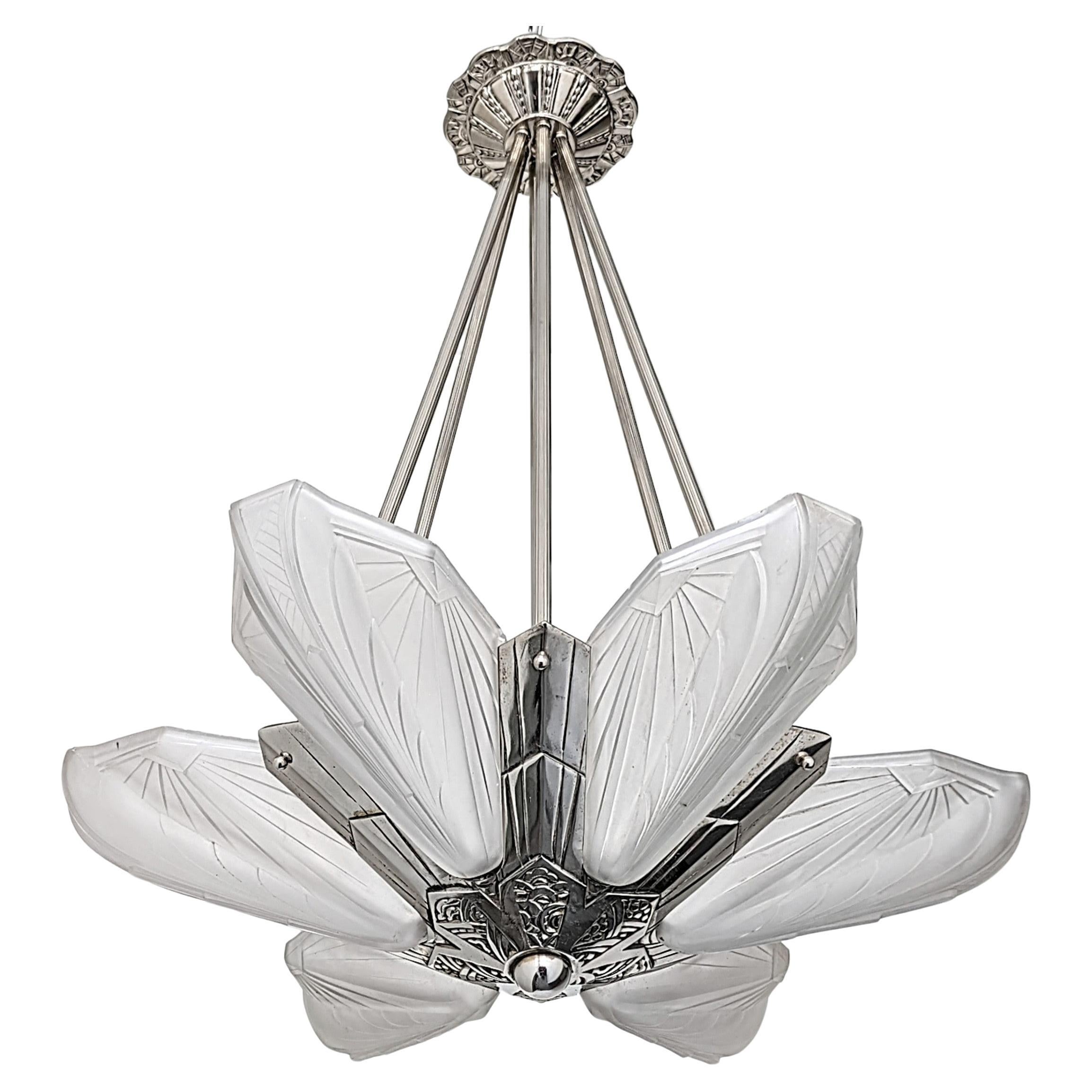 French Art Deco Chandelier Signed by Atelier E.J.G For Sale