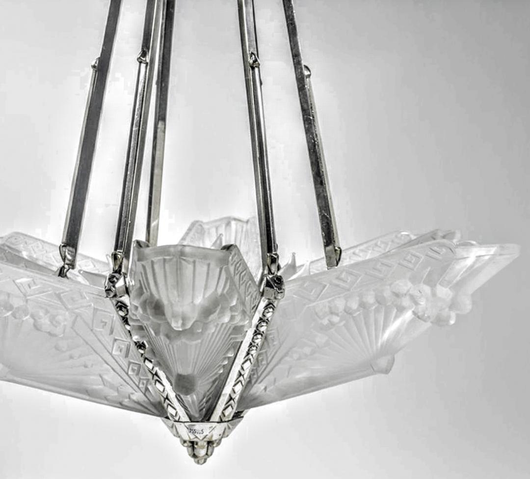 Cast French Art Deco Pendant Chandelier Signed by Charles Schneider For Sale