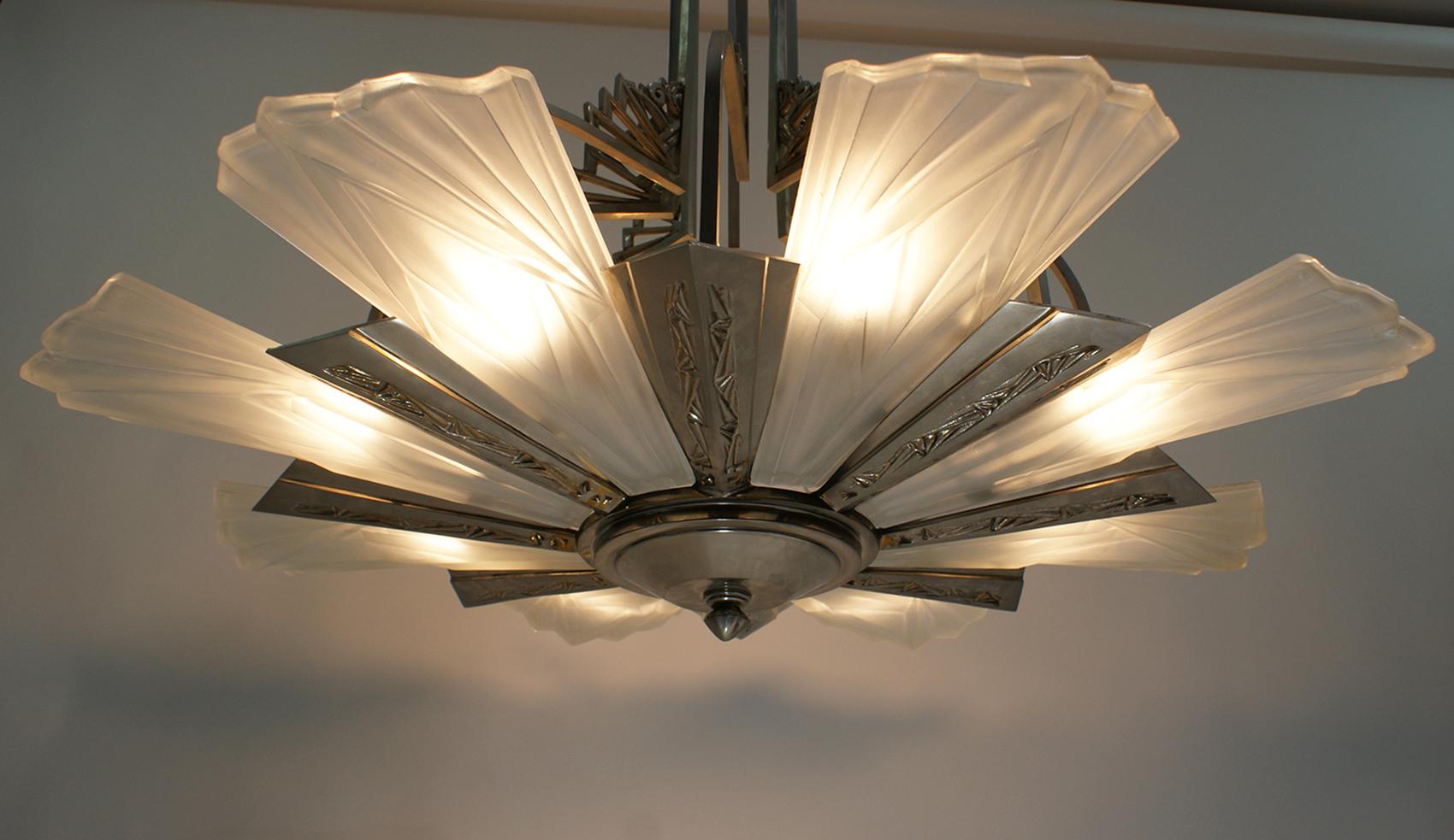 Frosted French Art Deco Chandelier Signed by Degué