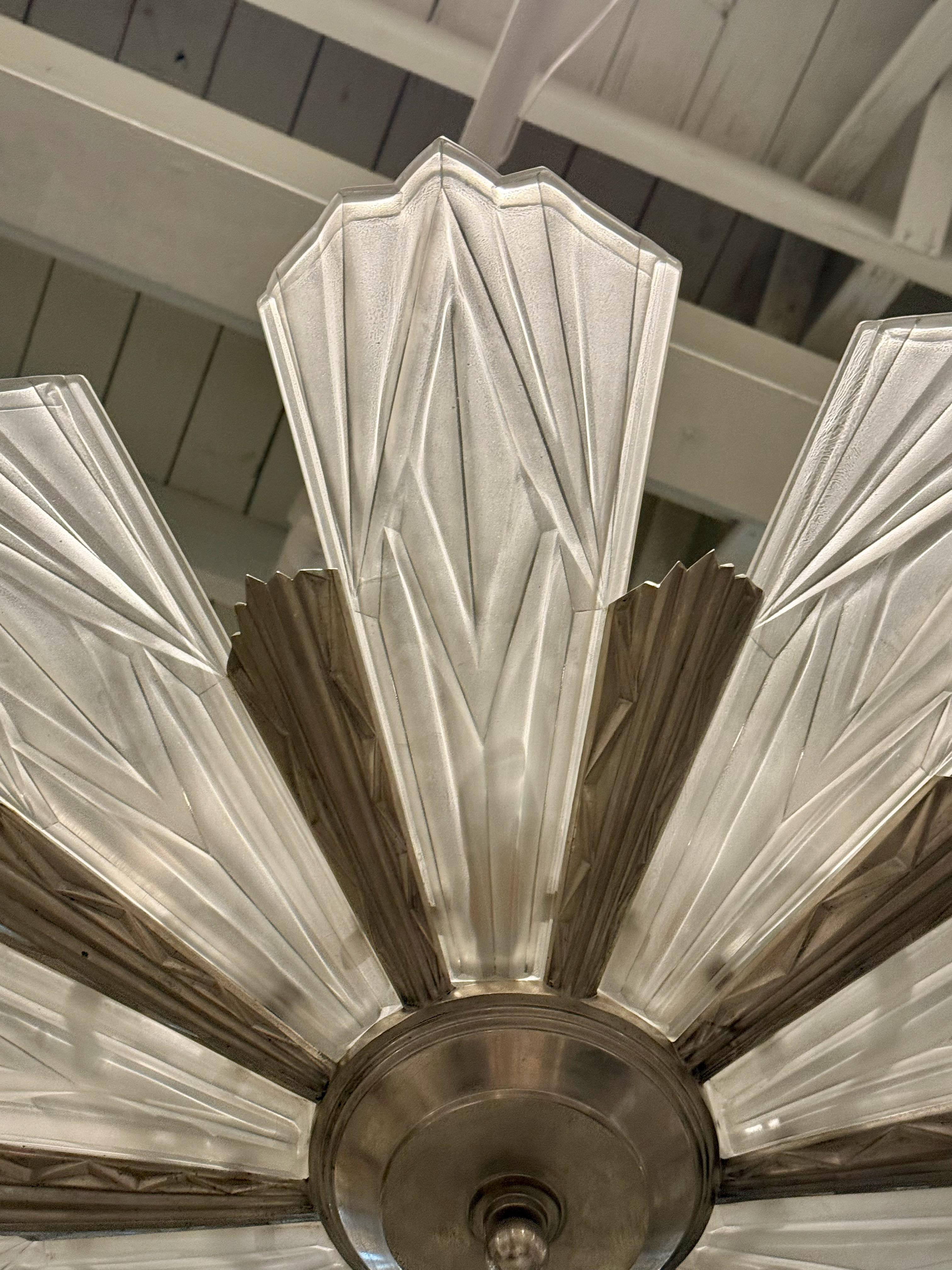 Glass French Art Deco Chandelier Signed by Degue For Sale