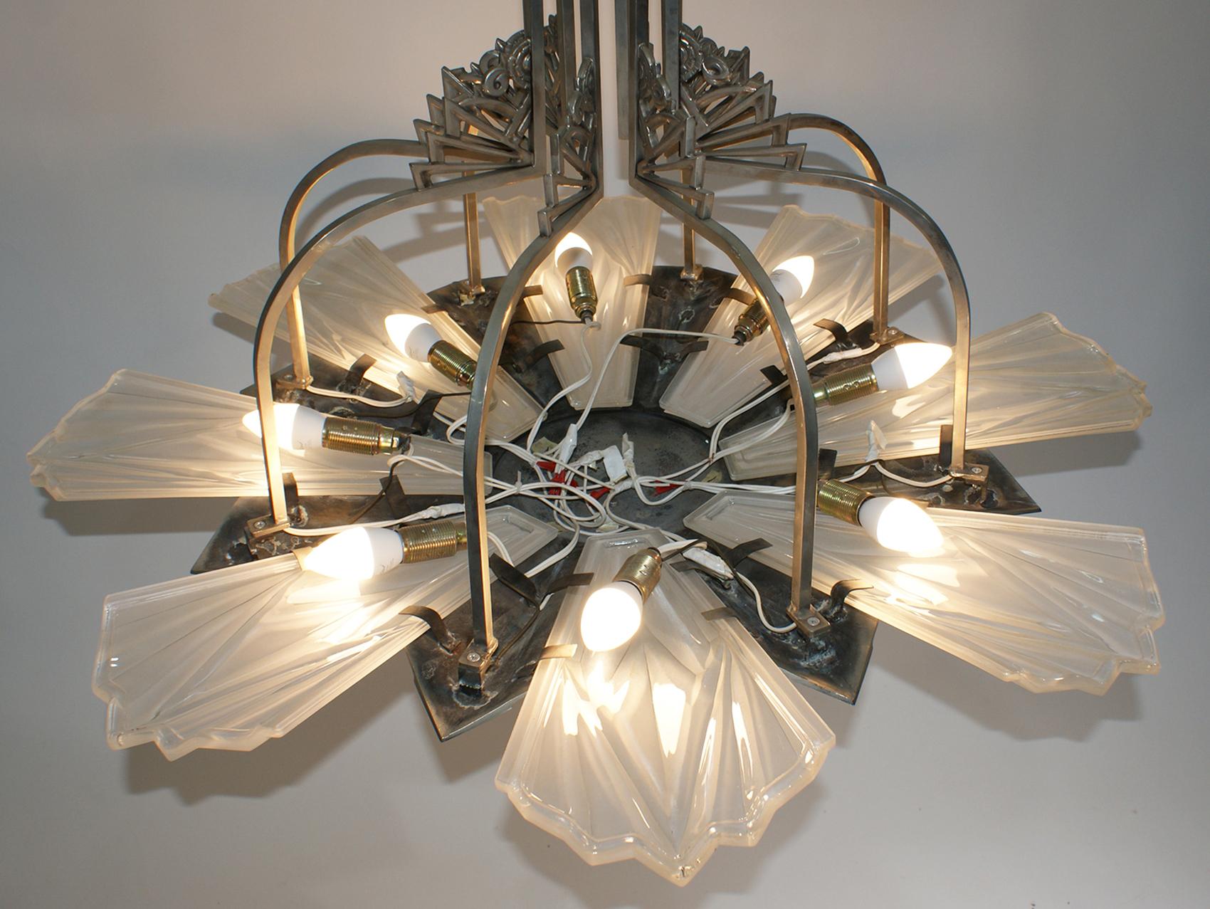 Bronze French Art Deco Chandelier Signed by Degué