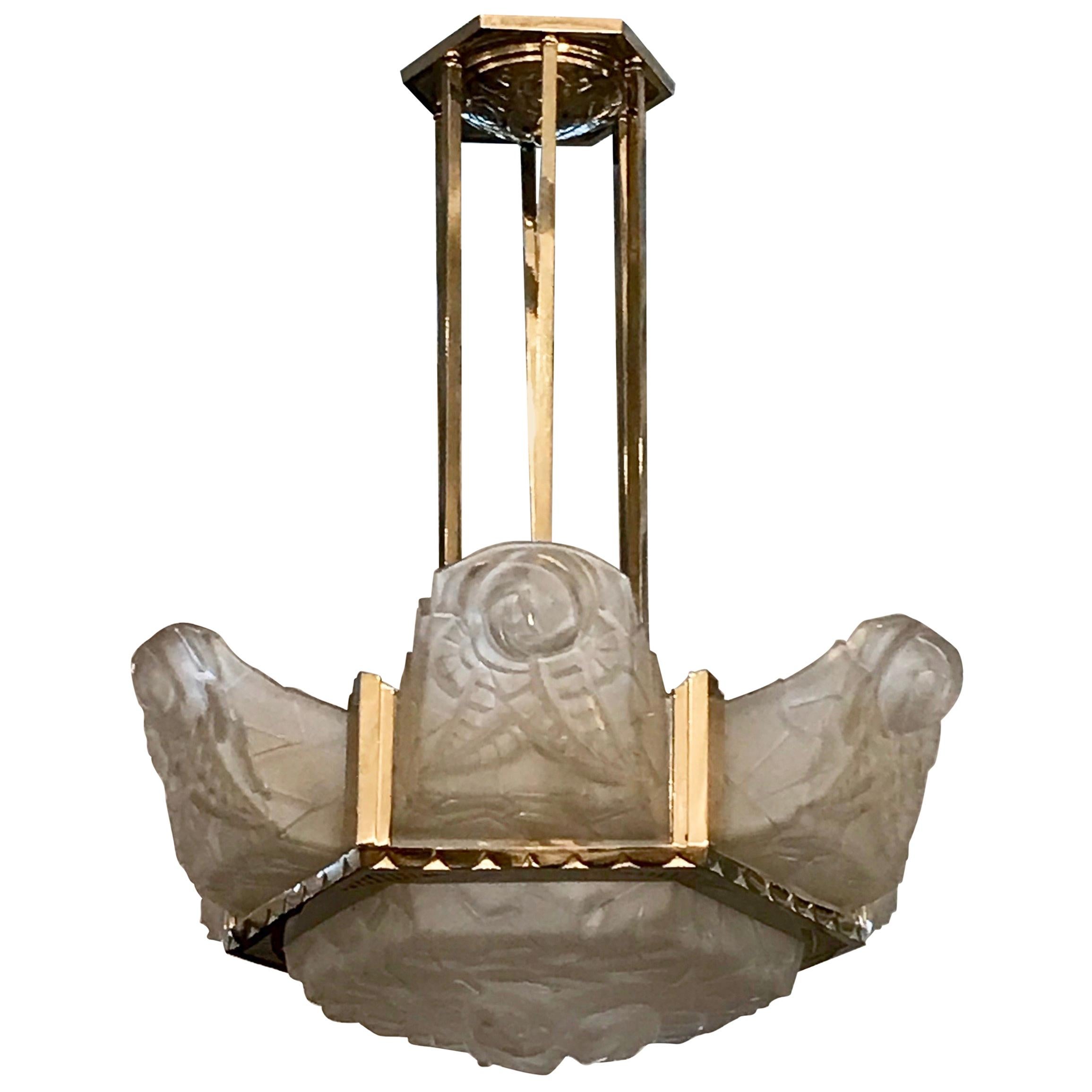 Lampadario Art Deco francese firmato da Degué