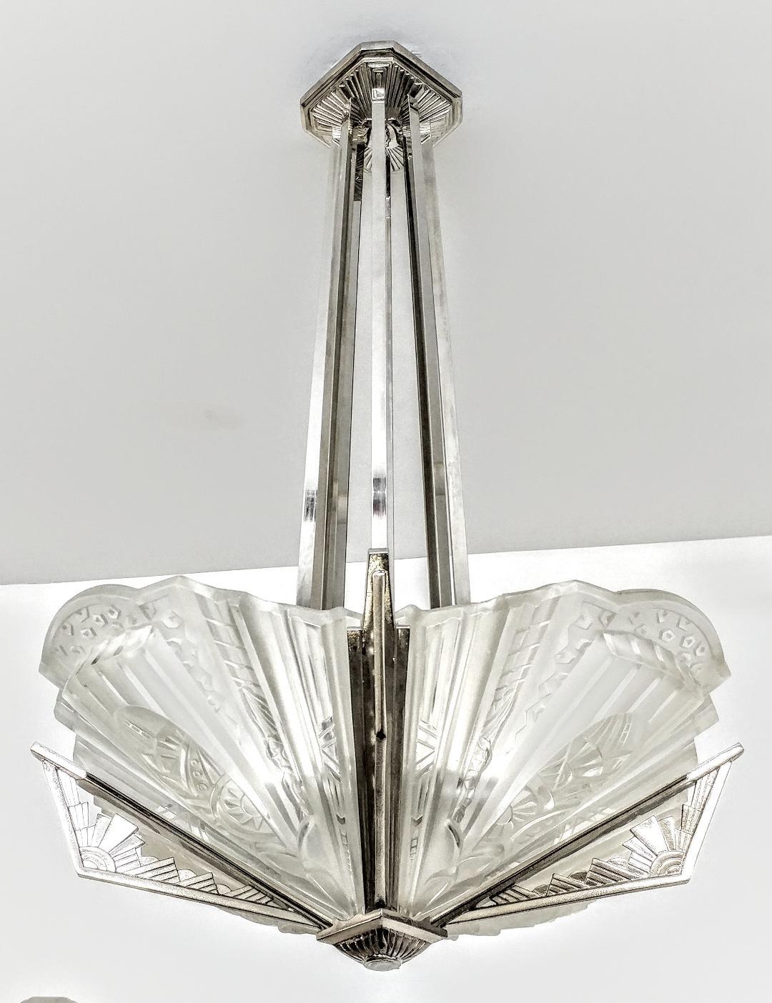 Cast French Art Deco Chandelier Signed by Frontisi Pair Available For Sale