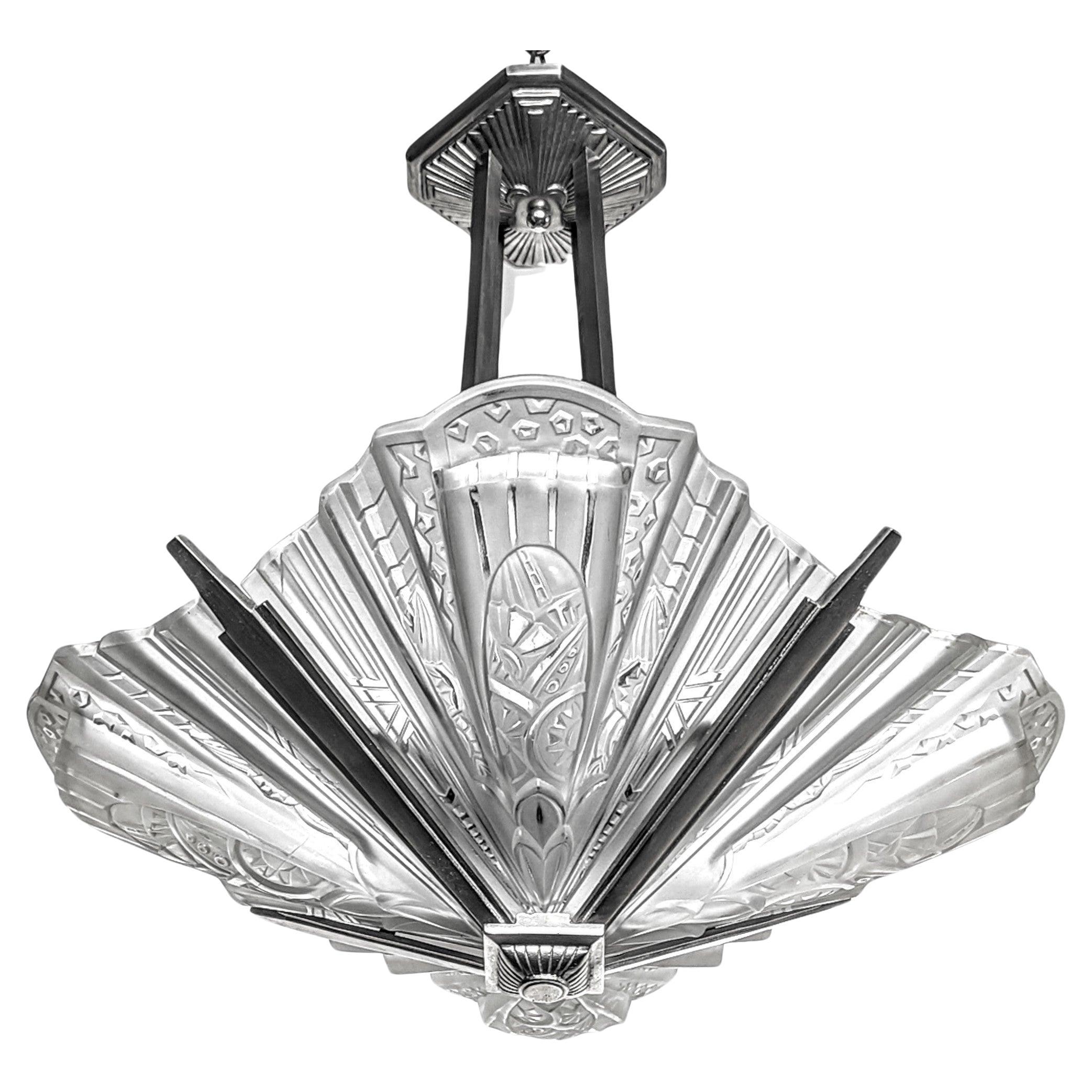 French Art Deco Chandelier Signed by Frontisi (Pair Available) For Sale