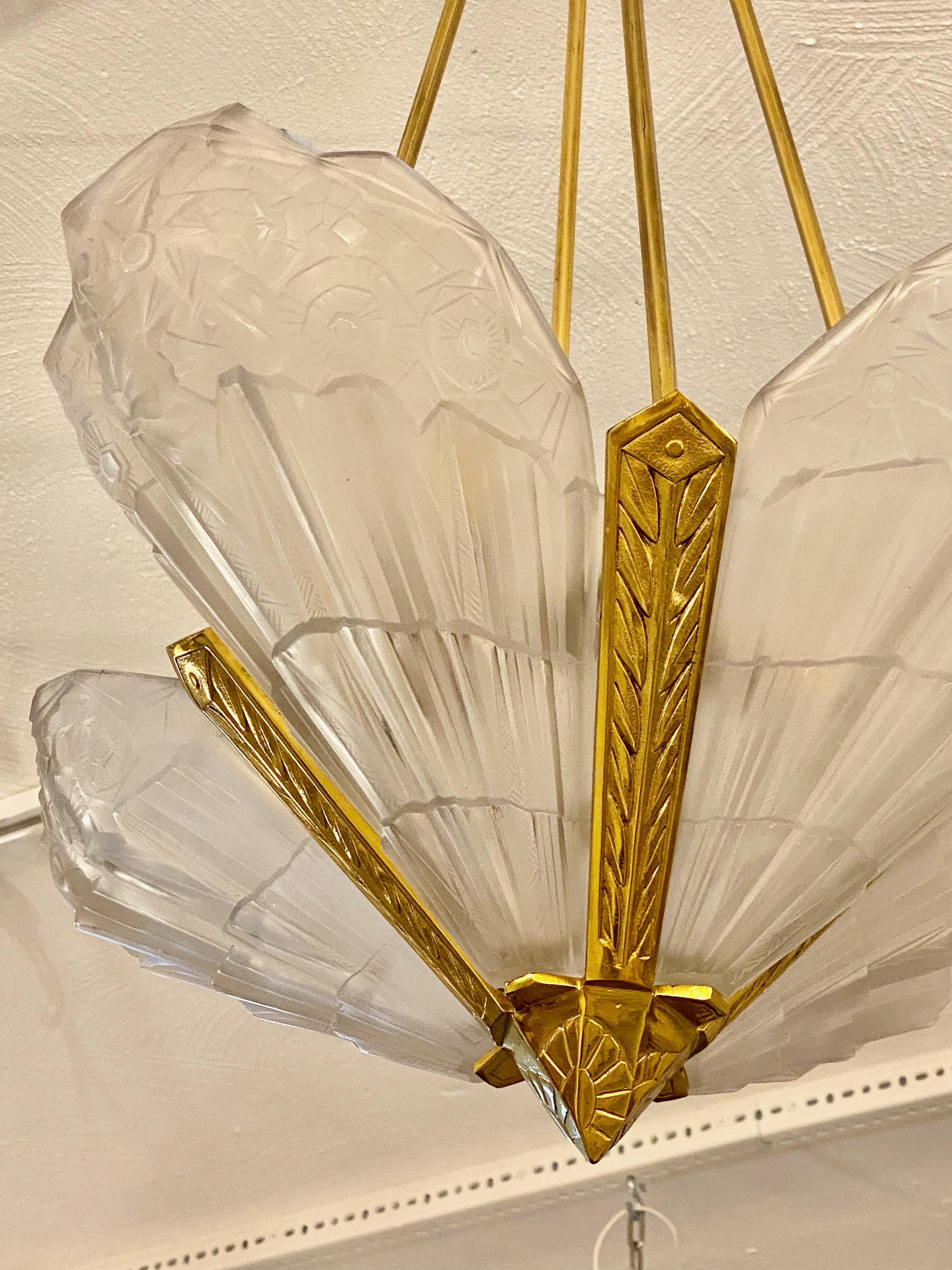 Glass French Art Deco Chandelier Signed by J Robert For Sale