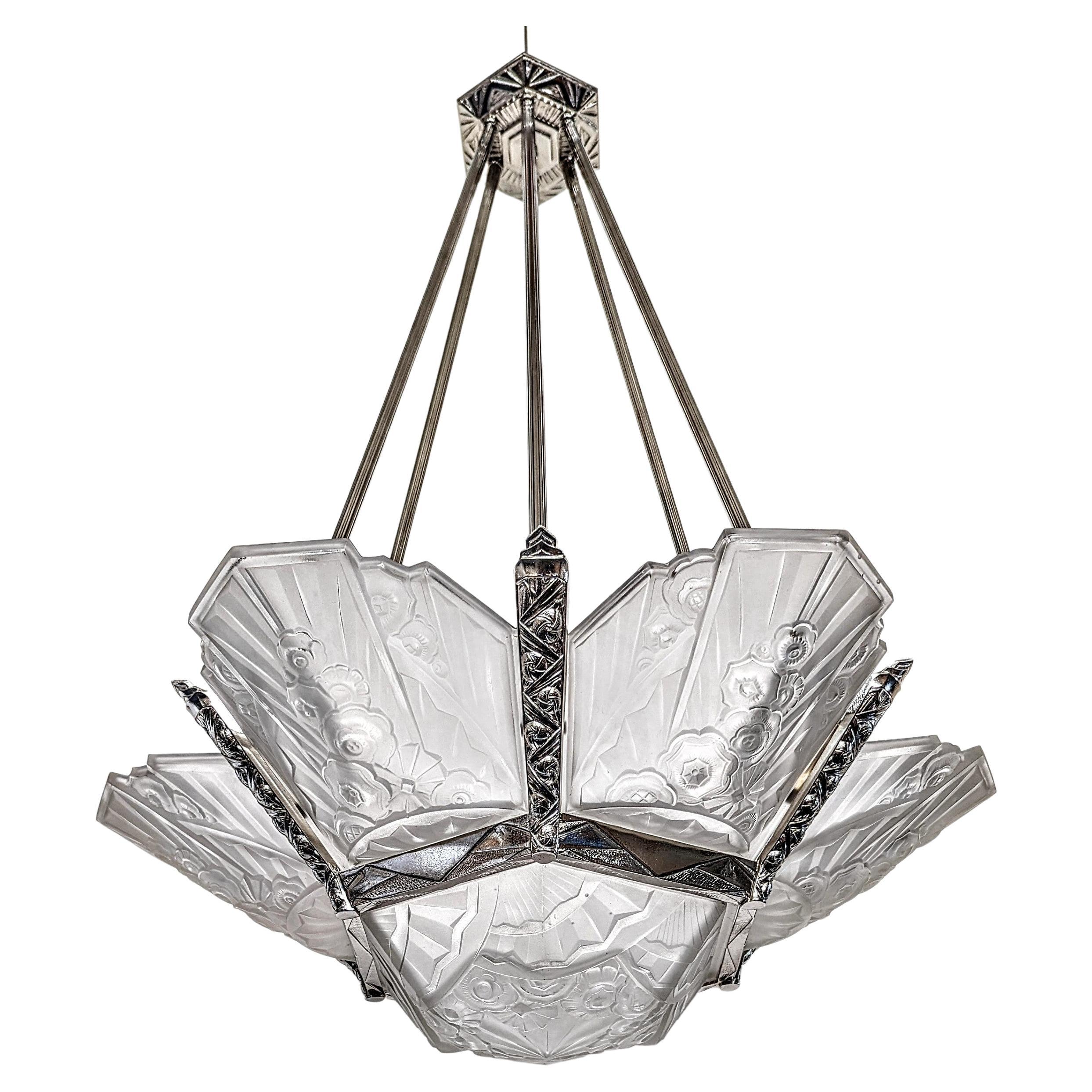 French Art Deco Chandelier signed by J.Robert (Two Pairs Matching Sconces) For Sale