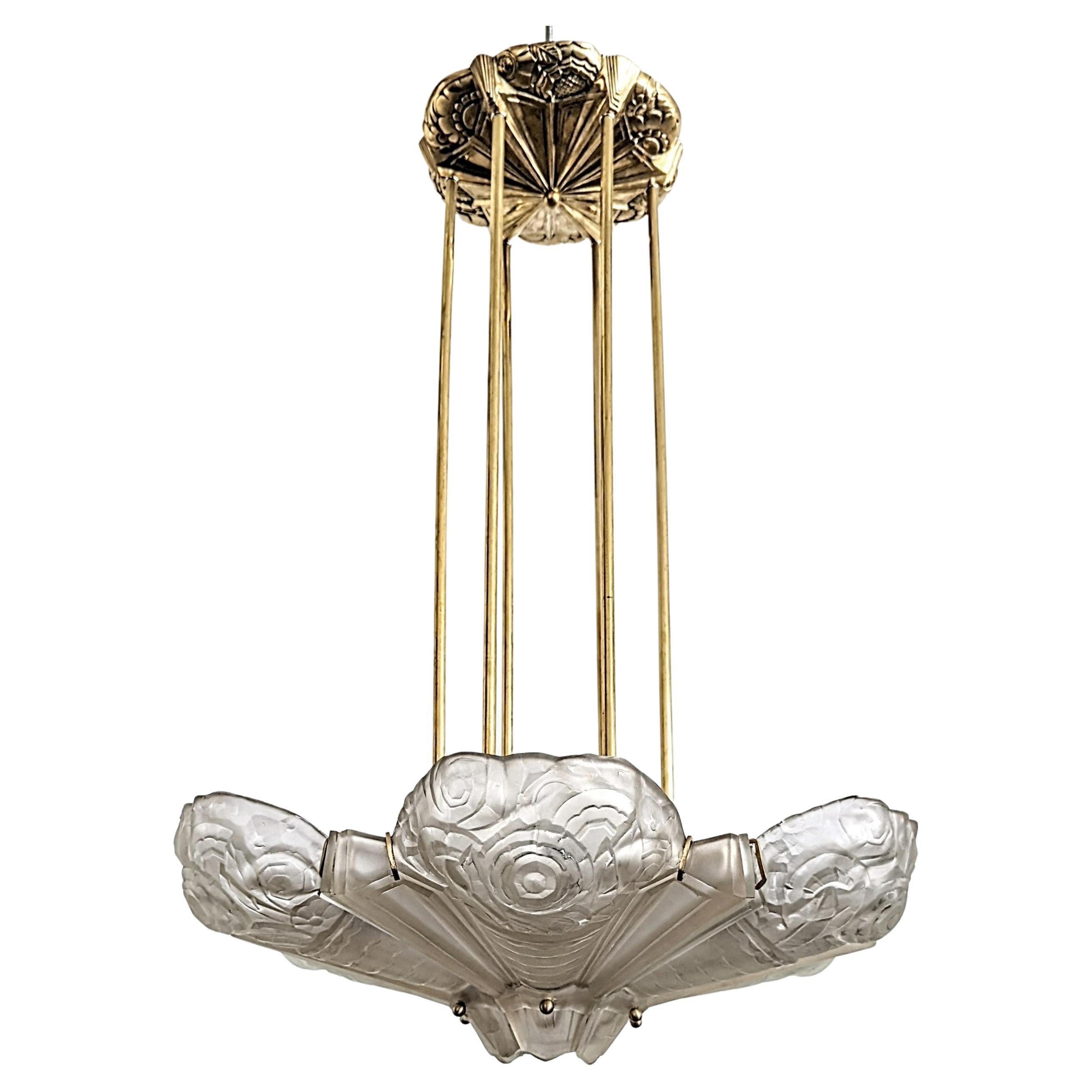 Cast  French Art Deco Chandelier Signed by Sabino For Sale