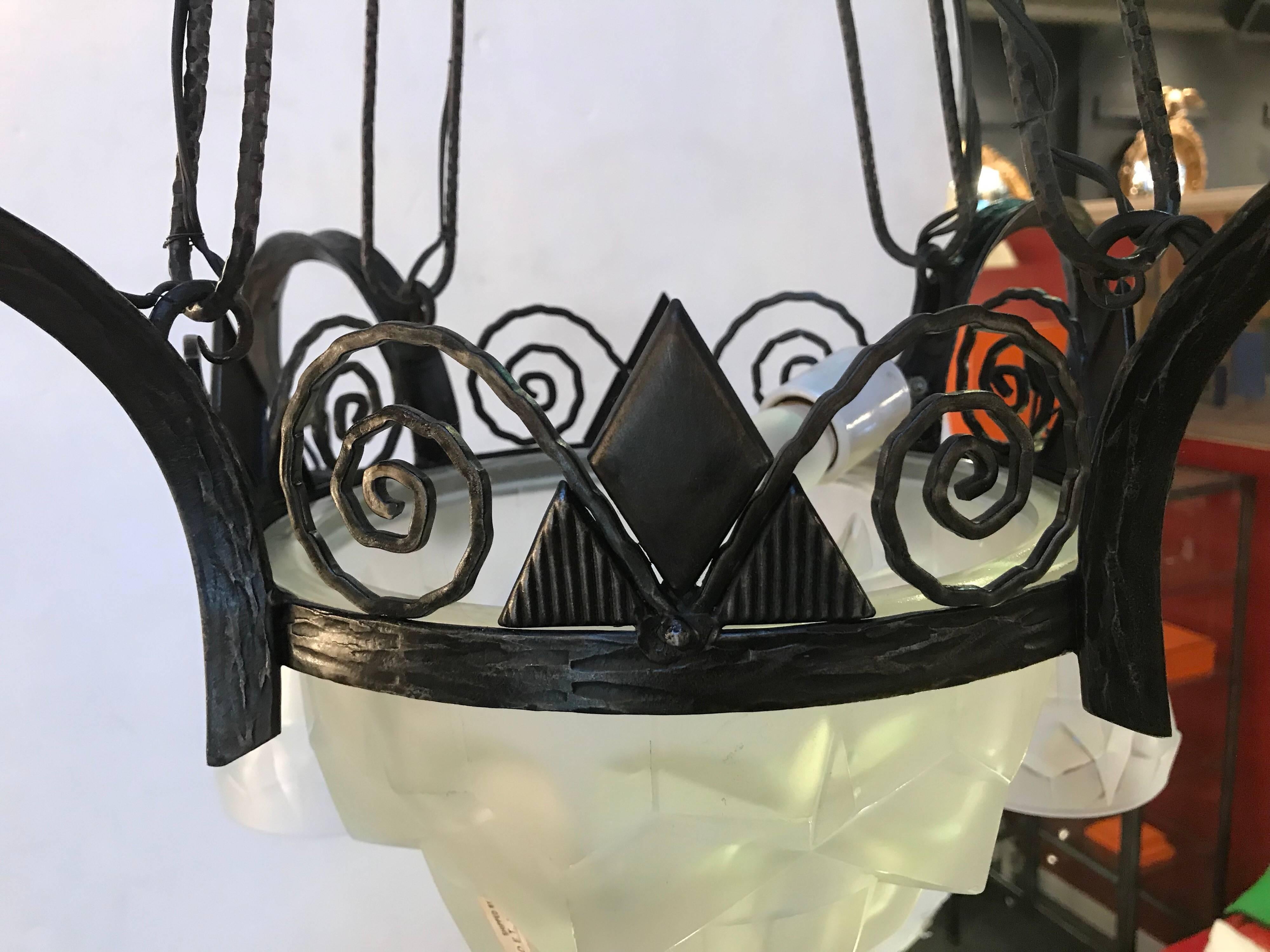 Glass French Art Deco Chandelier Signed Degue, 1930s