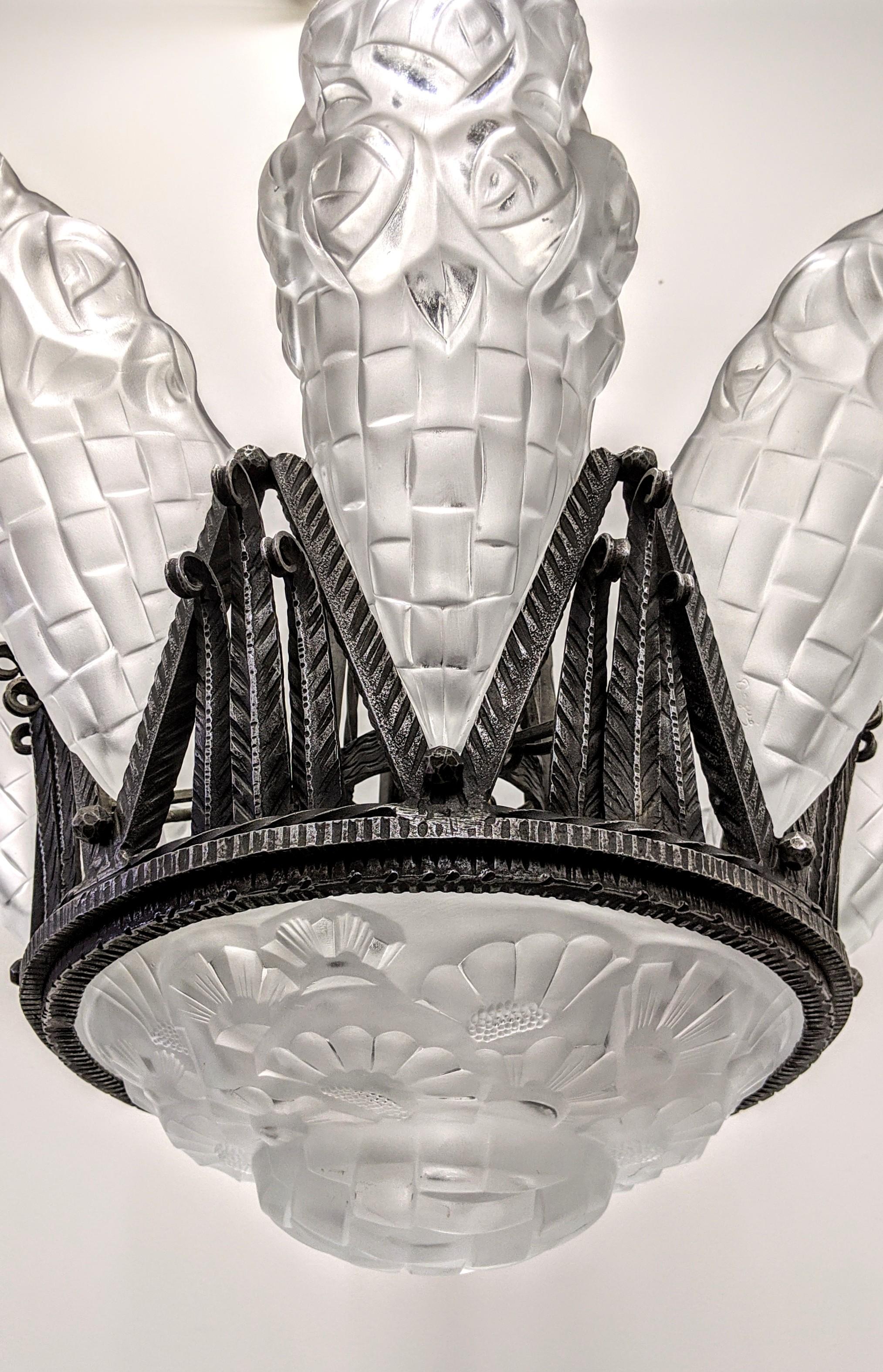 Glass French Art Deco Chandelier by Degué For Sale