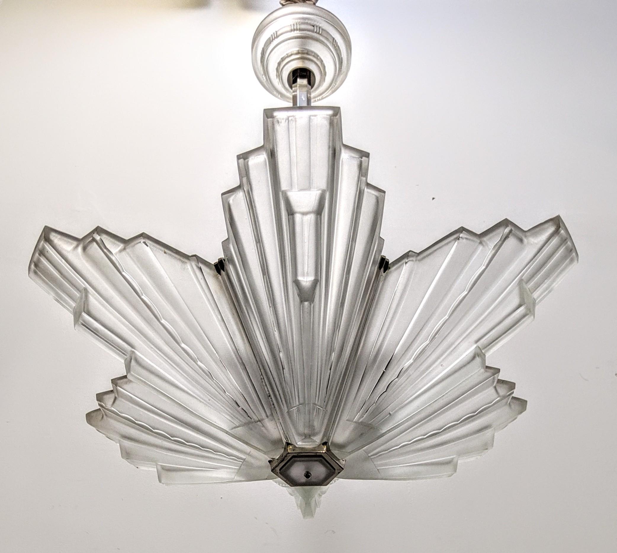 Pressed French Art Deco Chandelier Signed Marius-Ernest Sabino For Sale