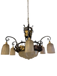 Lampadario francese Art Deco firmato "Muller Freres Luneville" a 7 lampadine, anni '30