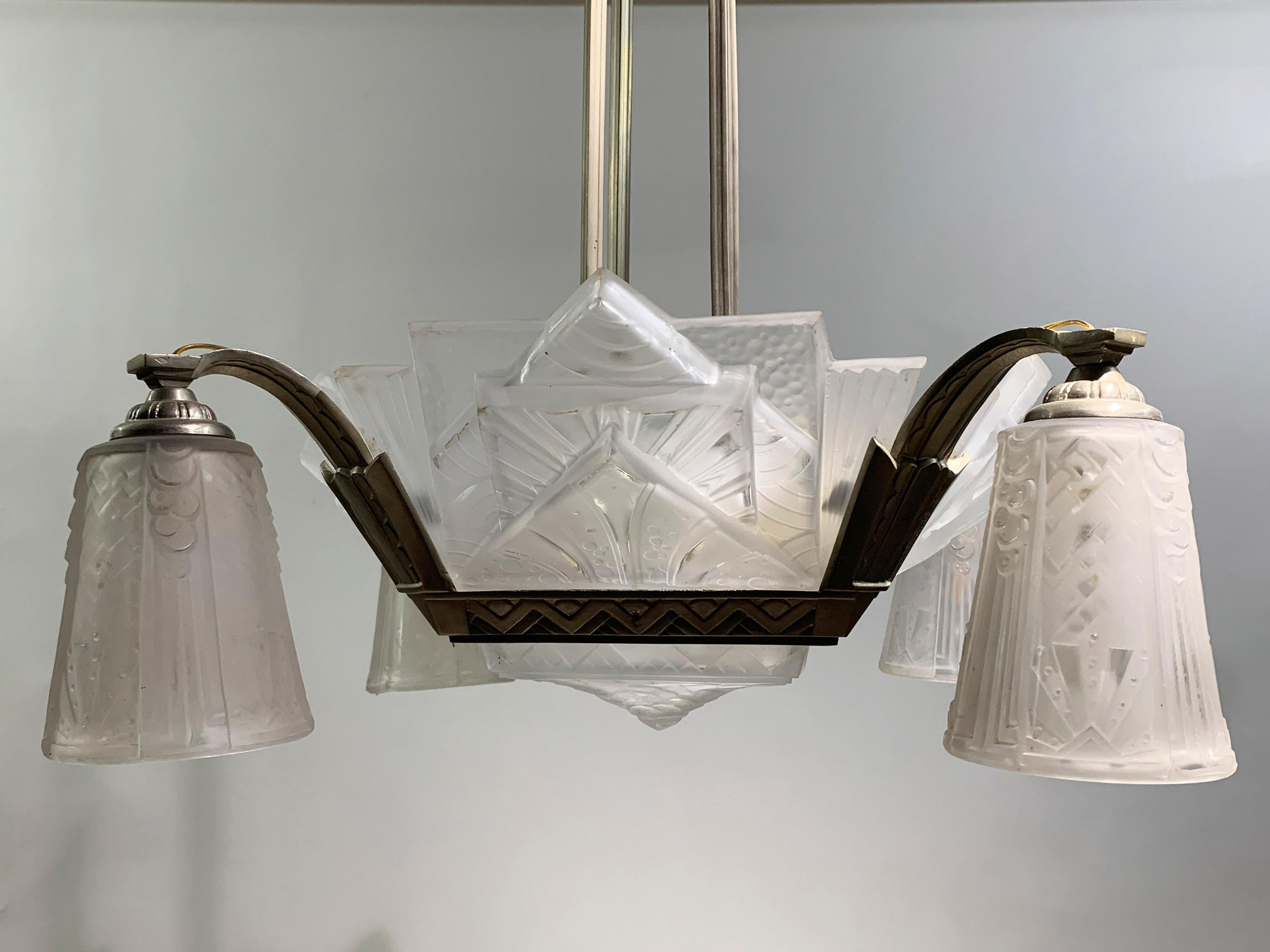 Frosted French Art Deco Chandelier Signed 
