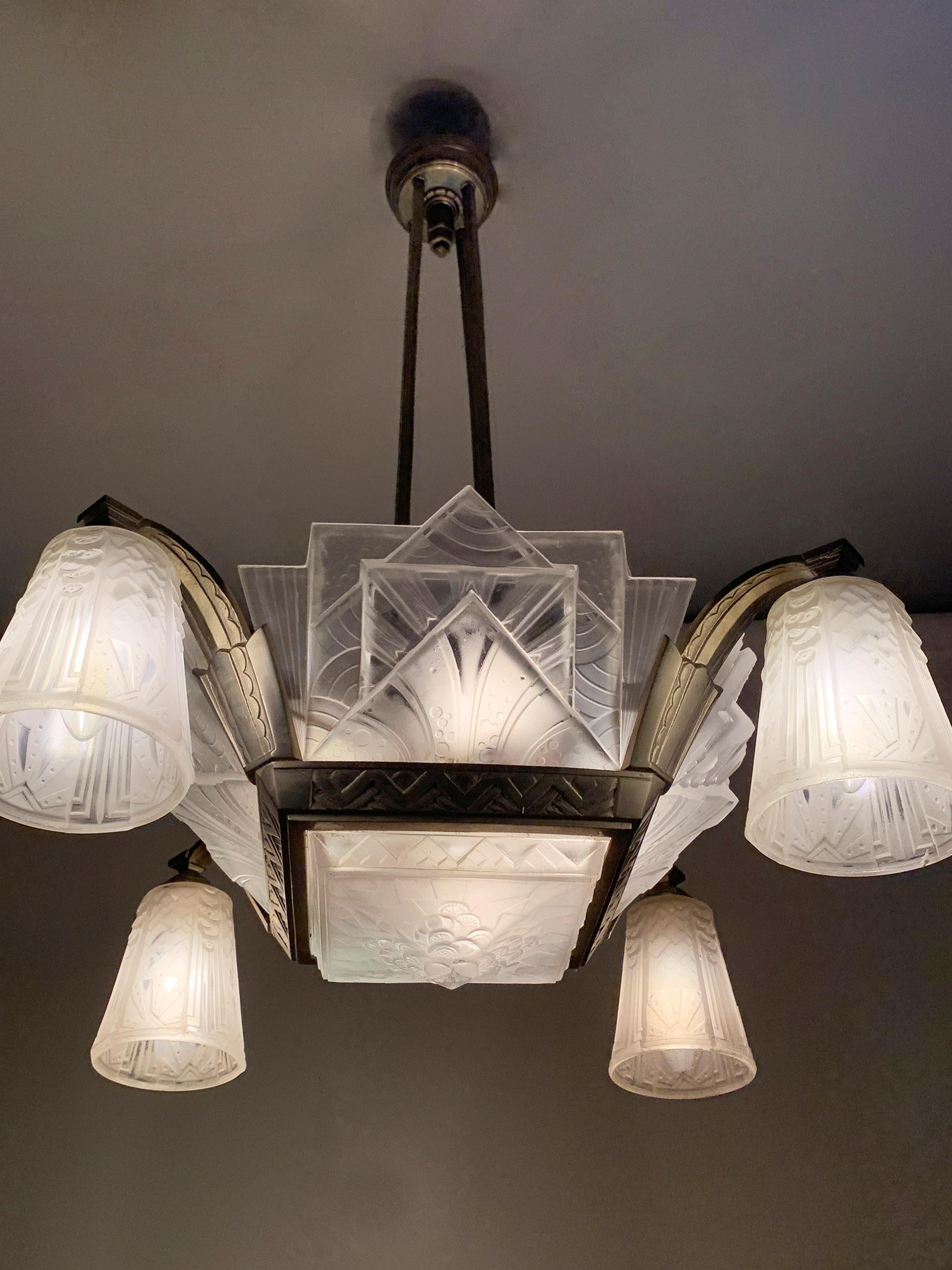 Bronze French Art Deco Chandelier Signed 