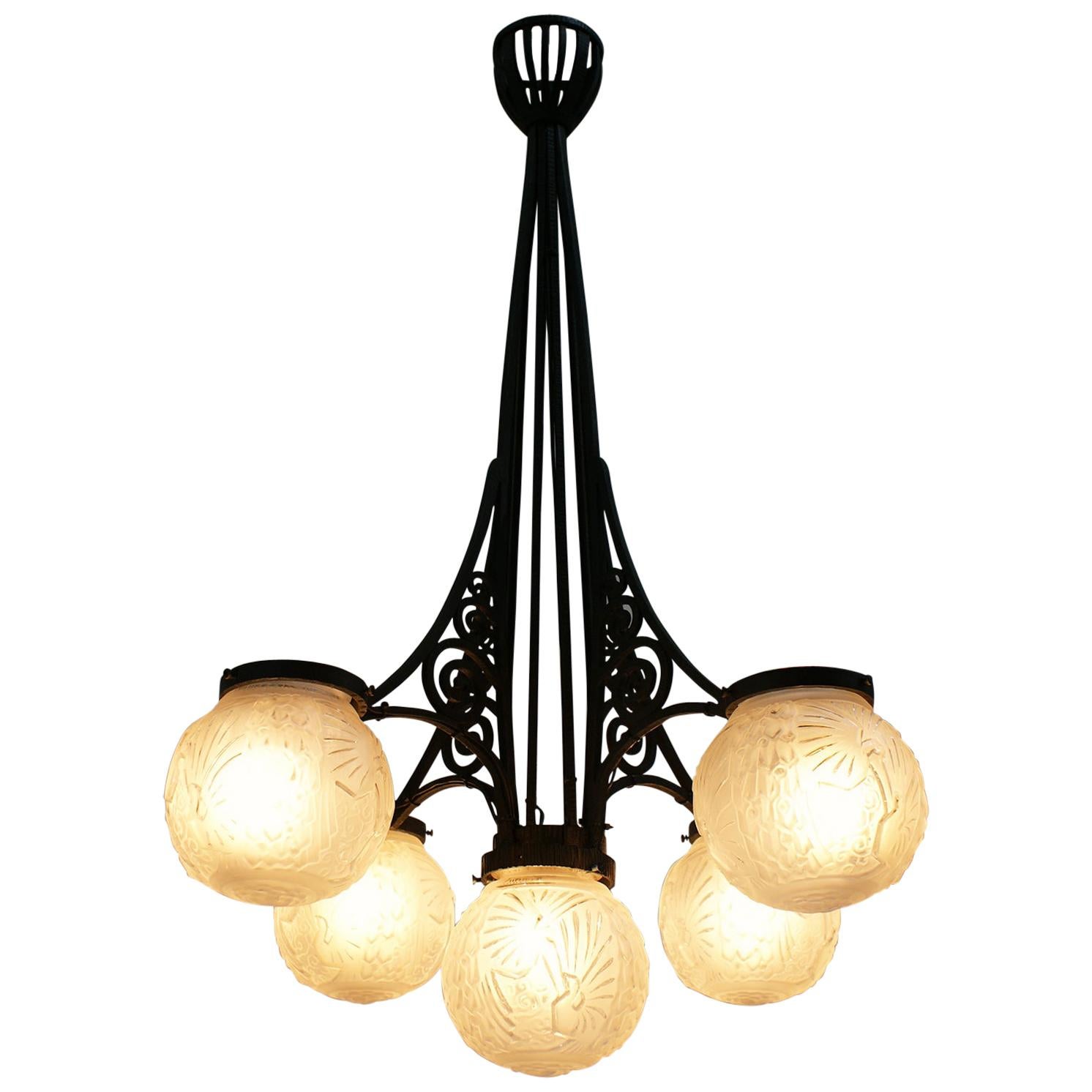 French Art Deco Chandelier Signed "Muller Frères Luneville"