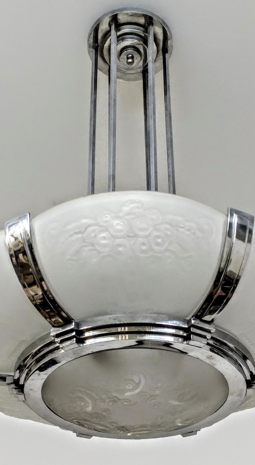 Cast French Art Deco Pendant Chandelier Signed by Muller Freres Luneville For Sale