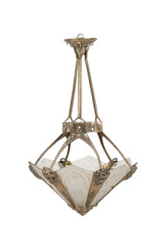 French Art Deco  chandelier with 6 flared frosted geometric glass shades