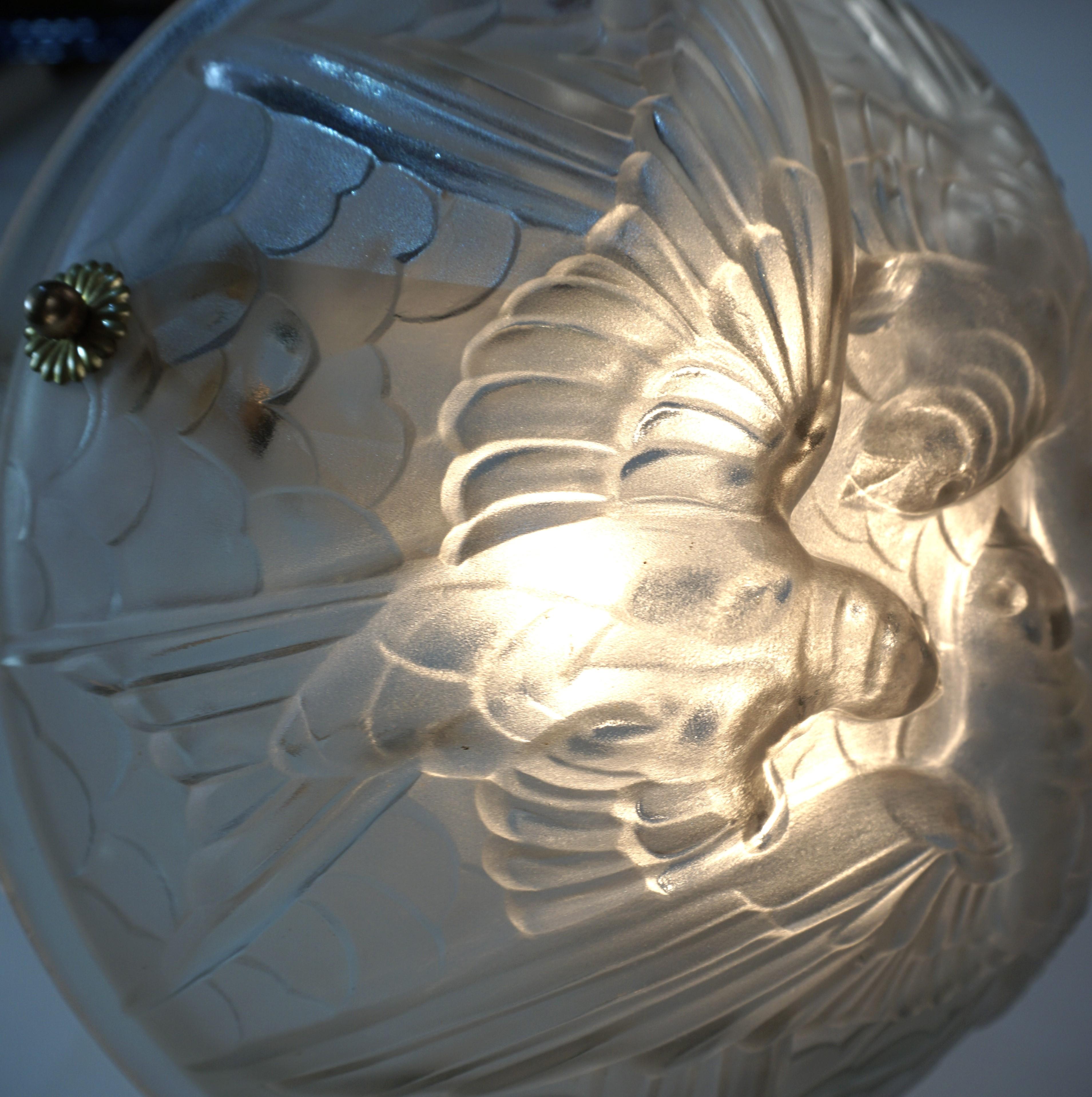 Bronze French Art Deco Chandelier, with Bird in Flying Motion by Noverdy #8