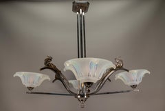 French Art Deco Chandelier with Birds and Opalescent Glass Flower Shades, 1930s