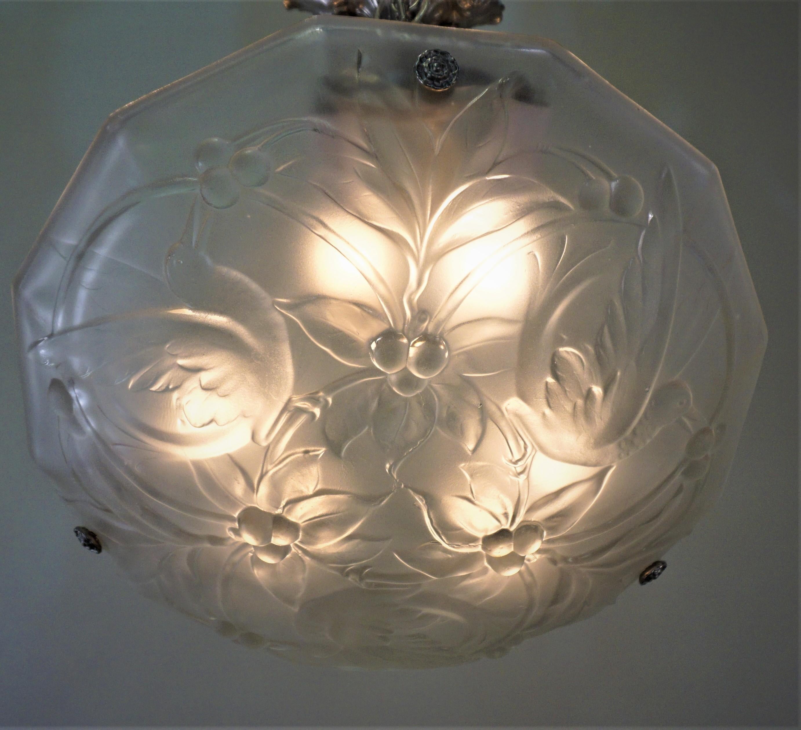 French Art Deco Chandelier with Cherry Eating Birds 3