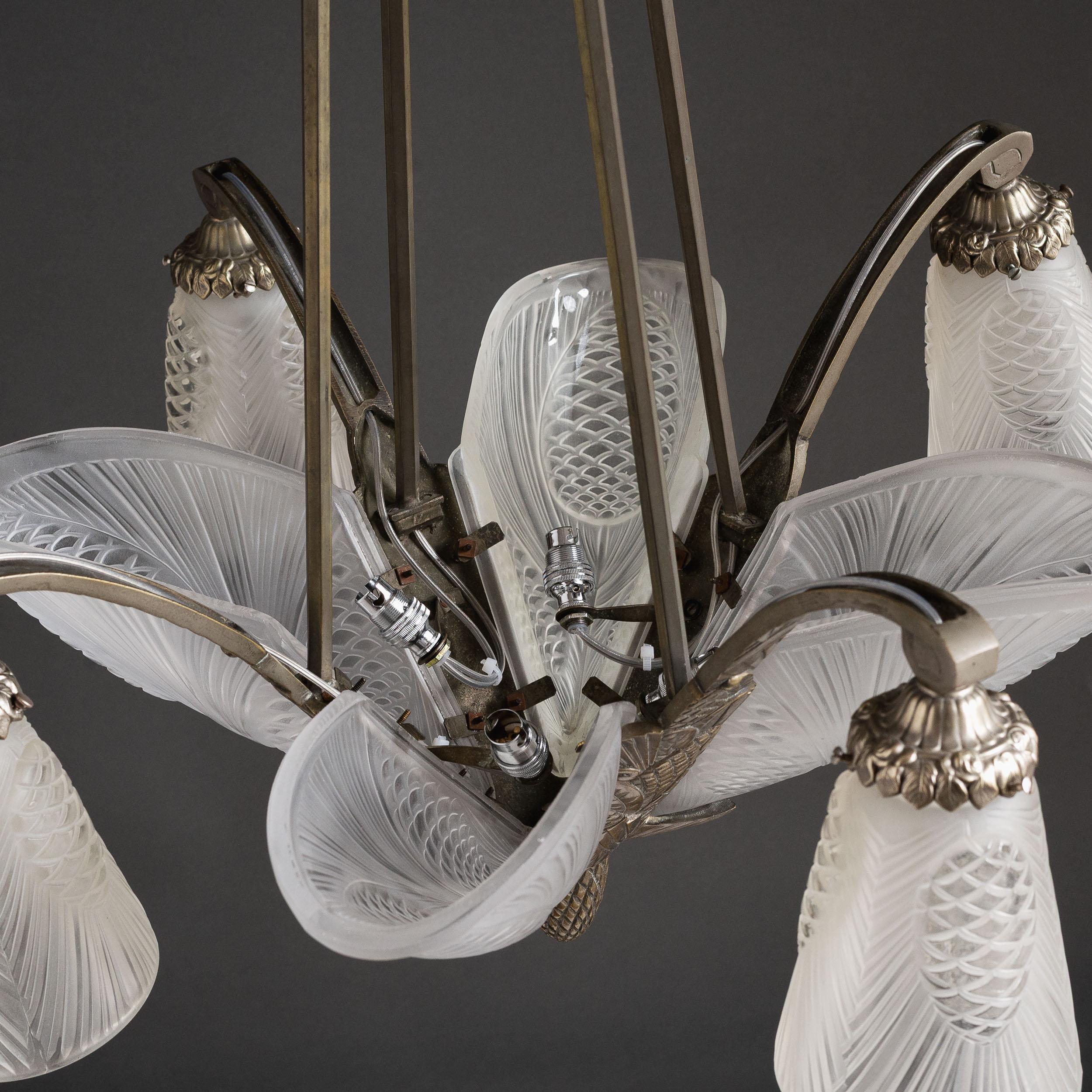 French Art Deco Chandelier with Frosted Glass Shades by Degué For Sale 6