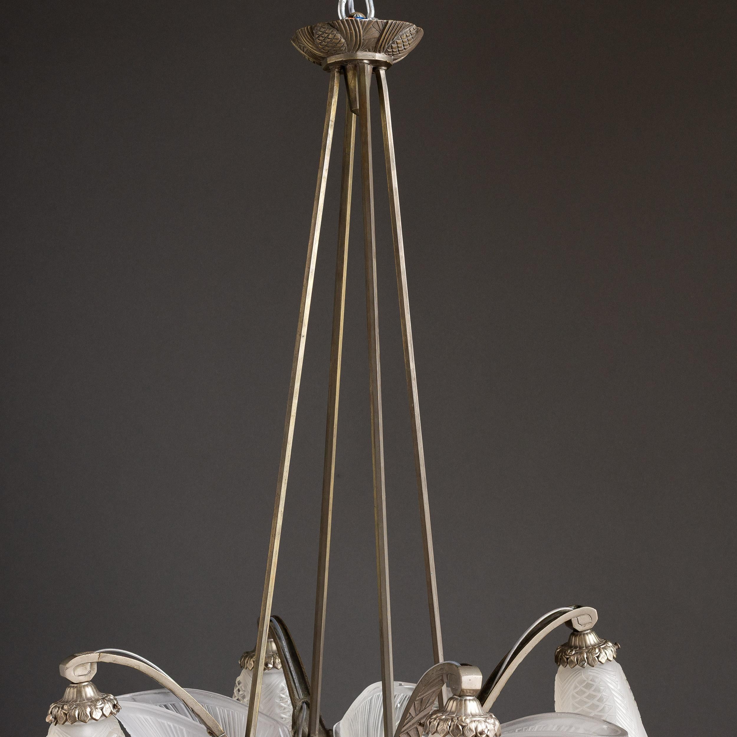 French Art Deco Chandelier with Frosted Glass Shades by Degué For Sale 7