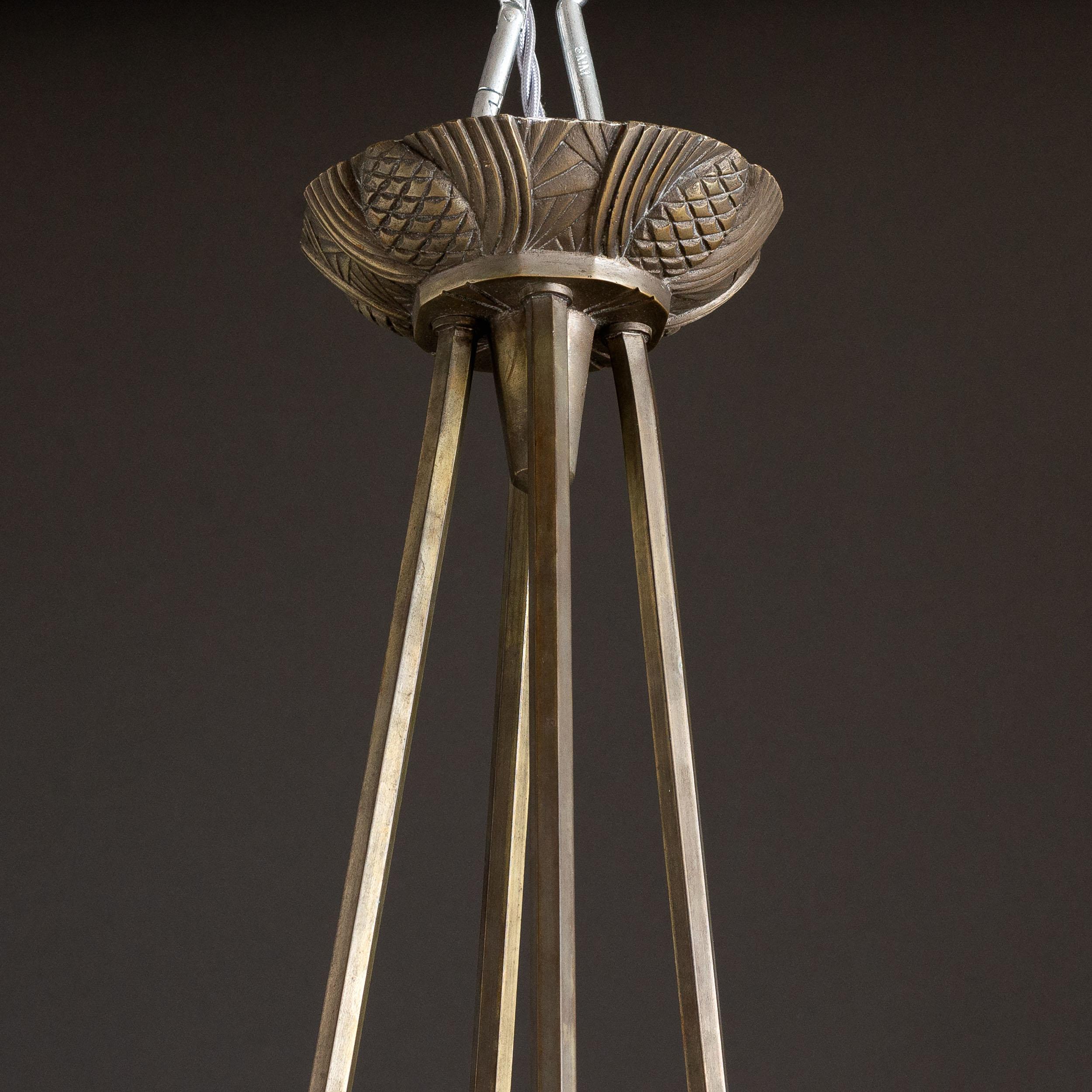 French Art Deco Chandelier with Frosted Glass Shades by Degué For Sale 8