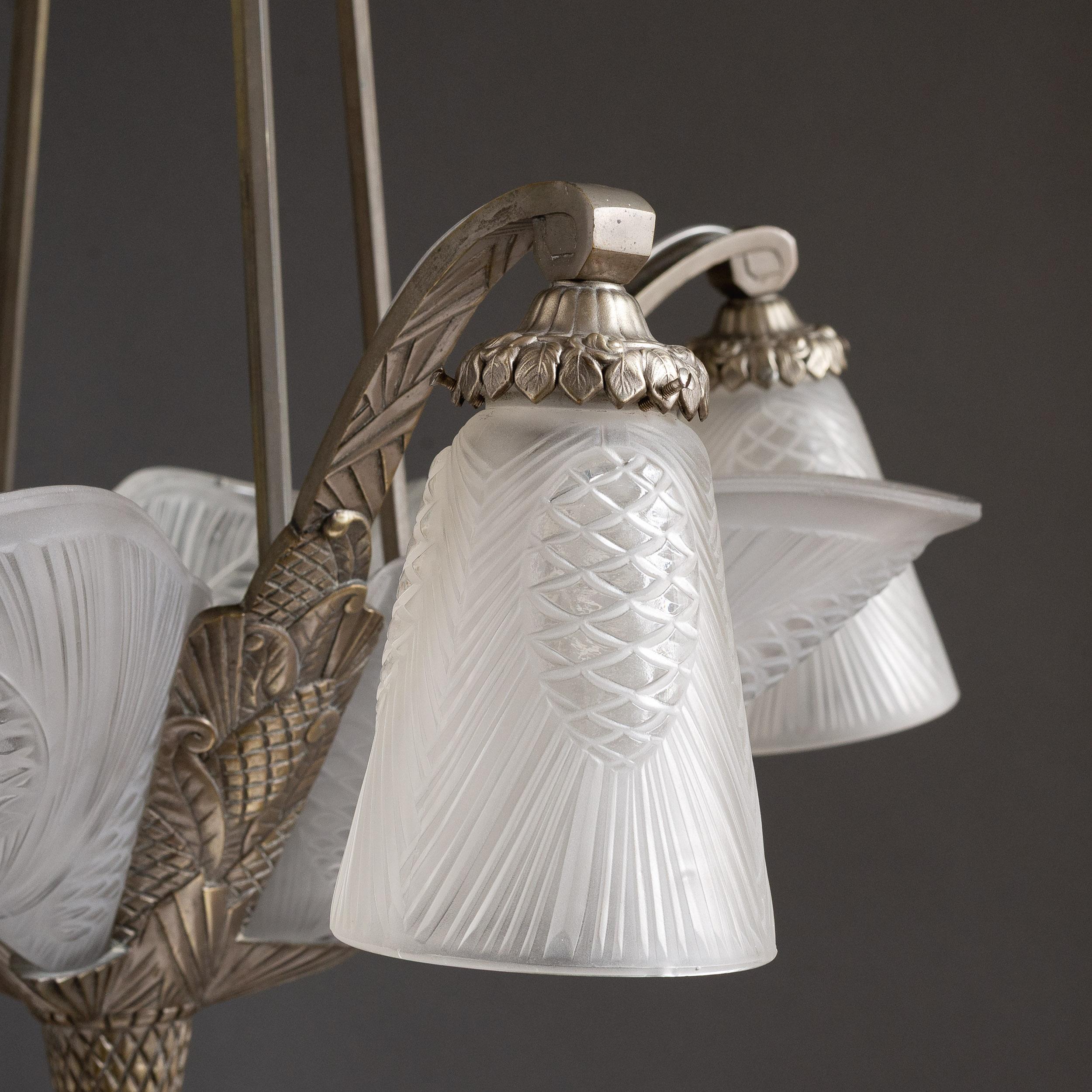 French Art Deco Chandelier with Frosted Glass Shades by Degué For Sale 9