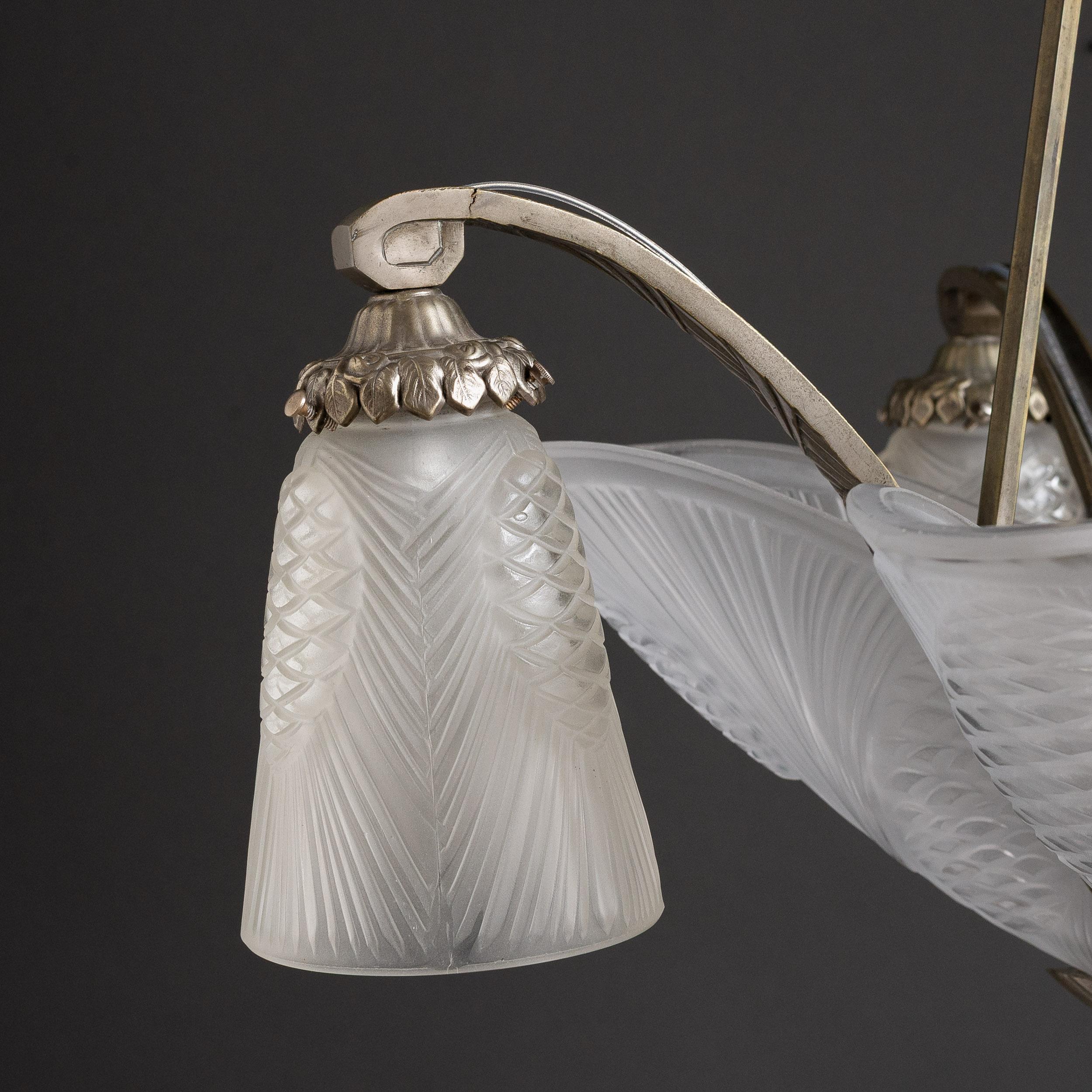 French Art Deco Chandelier with Frosted Glass Shades by Degué For Sale 10