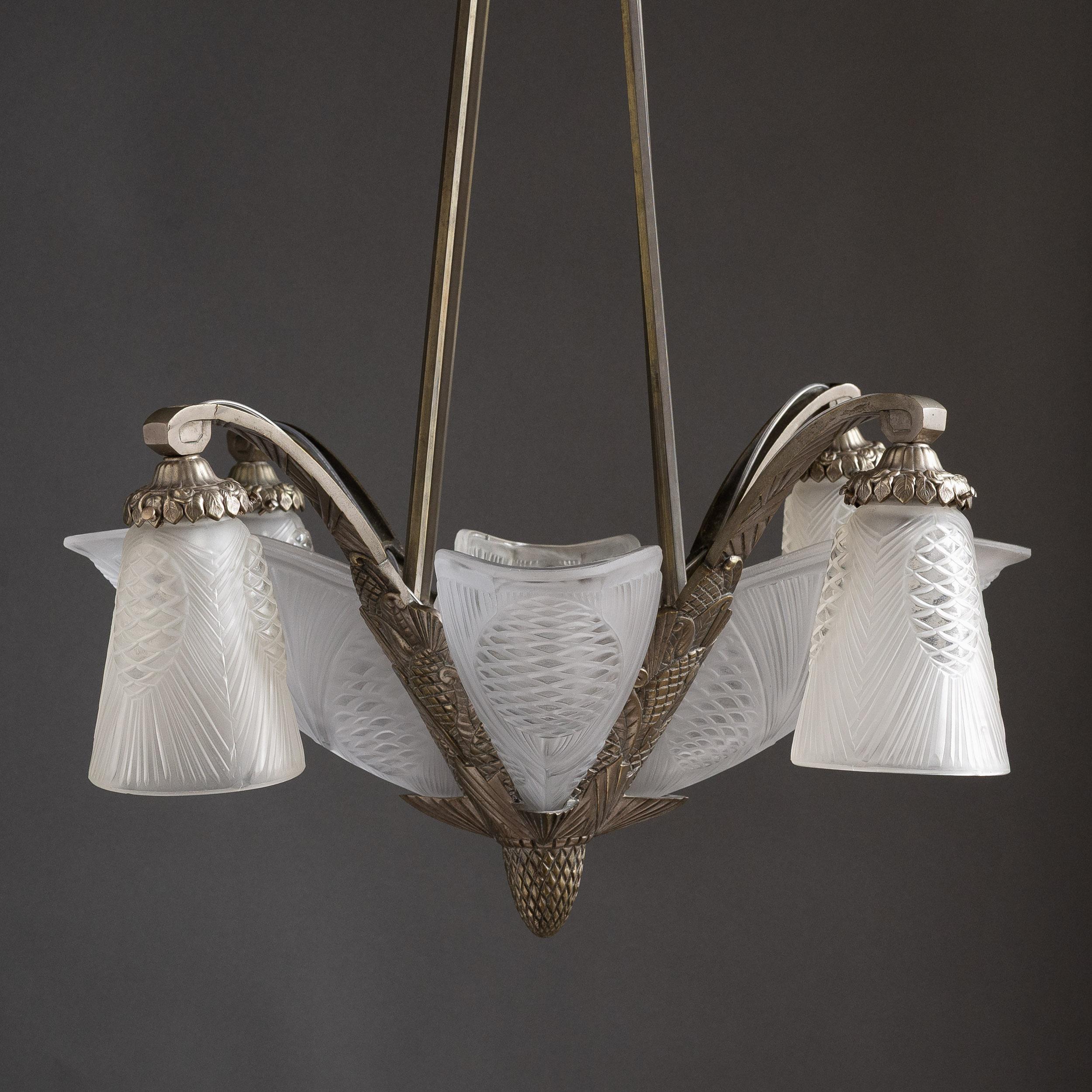 French Art Deco Chandelier with Frosted Glass Shades by Degué For Sale 11