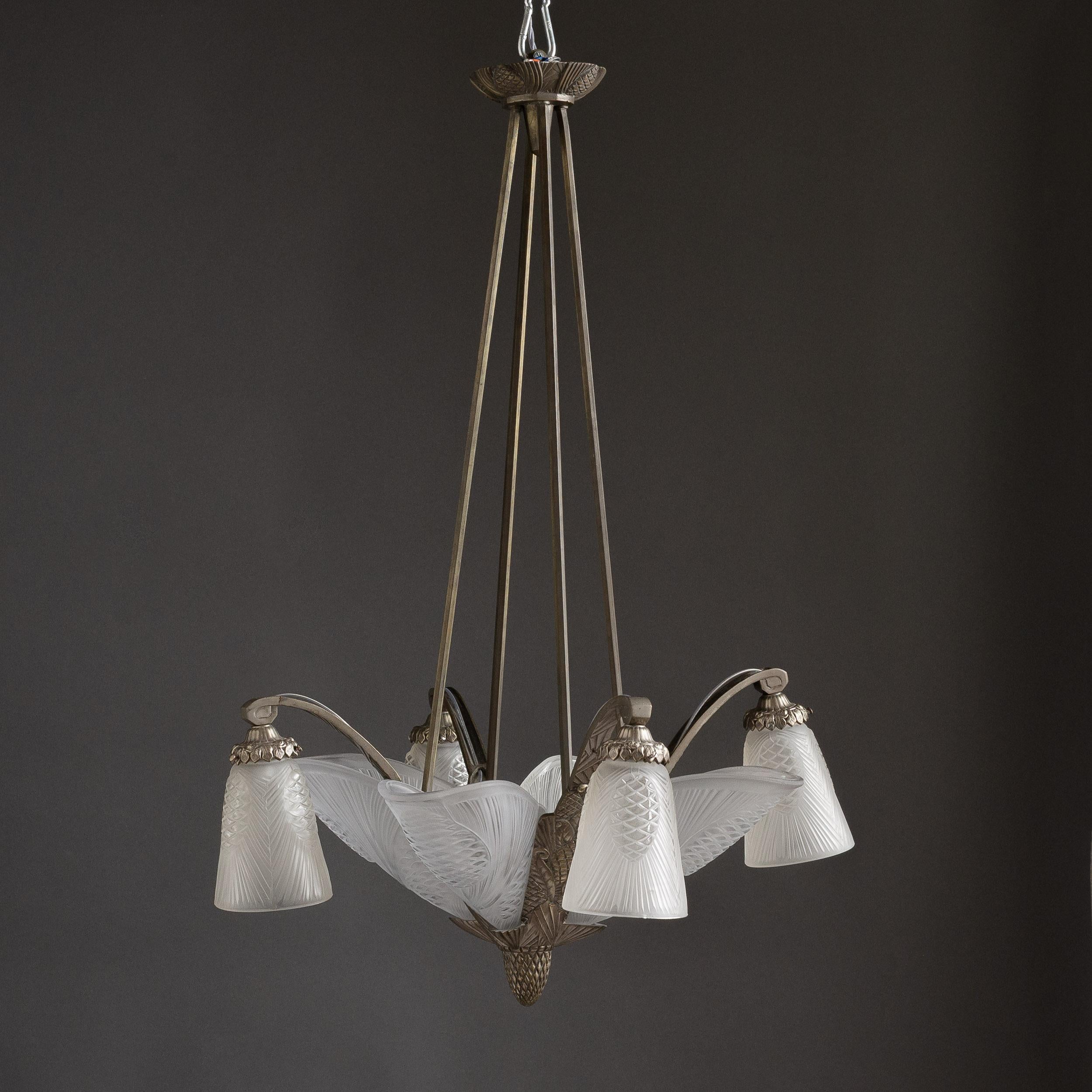 French Art Deco Chandelier with Frosted Glass Shades by Degué For Sale 13