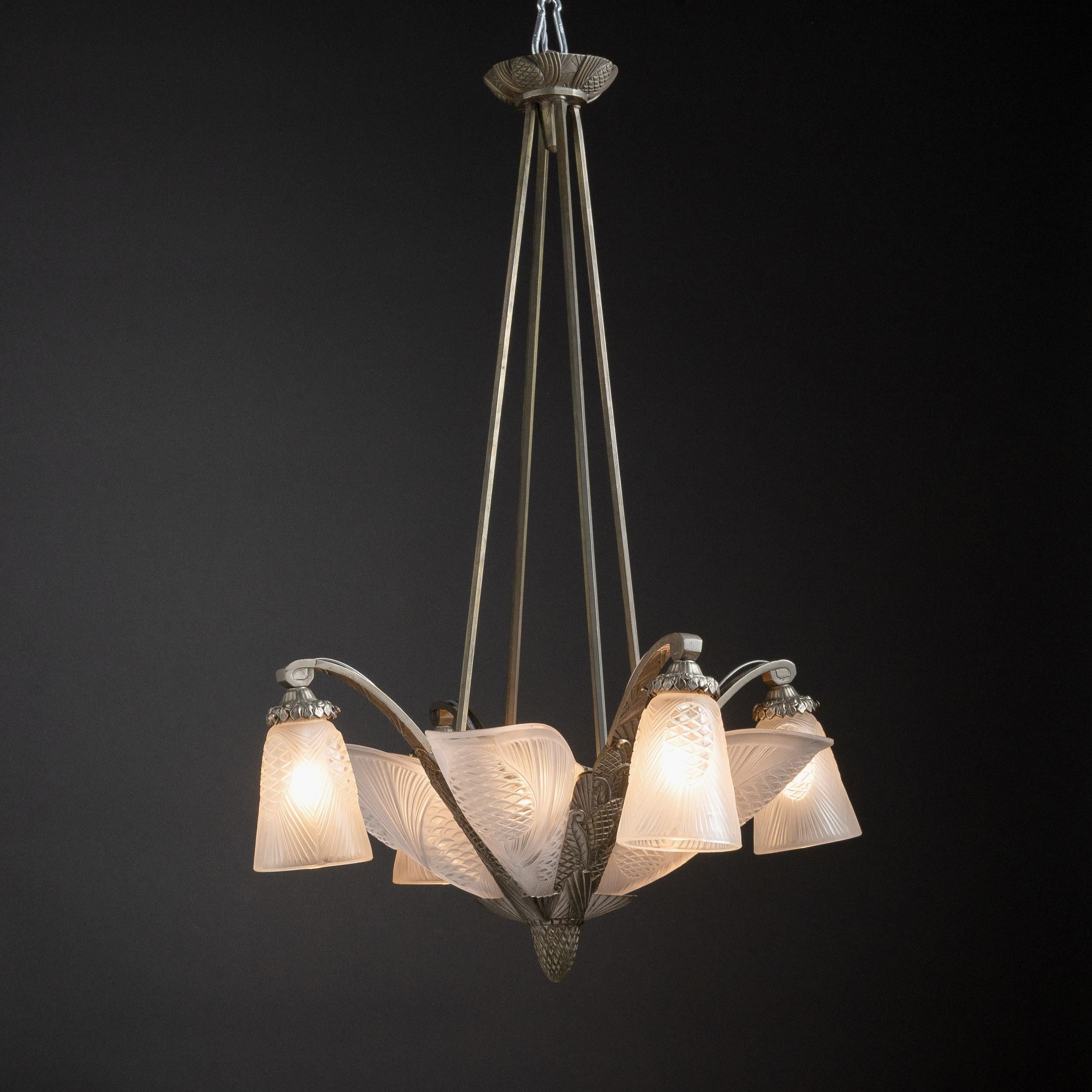 French Art Deco Chandelier with Frosted Glass Shades by Degué For Sale 14